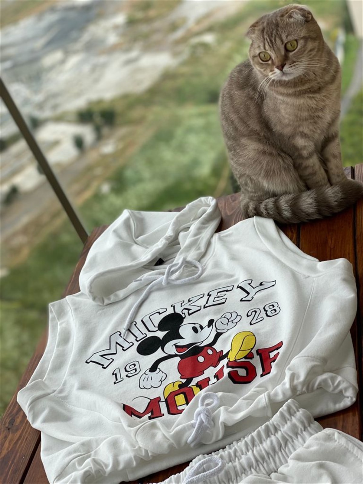 Kapşonlu Mickey Baskılı Şortlu Takım (Beyaz)