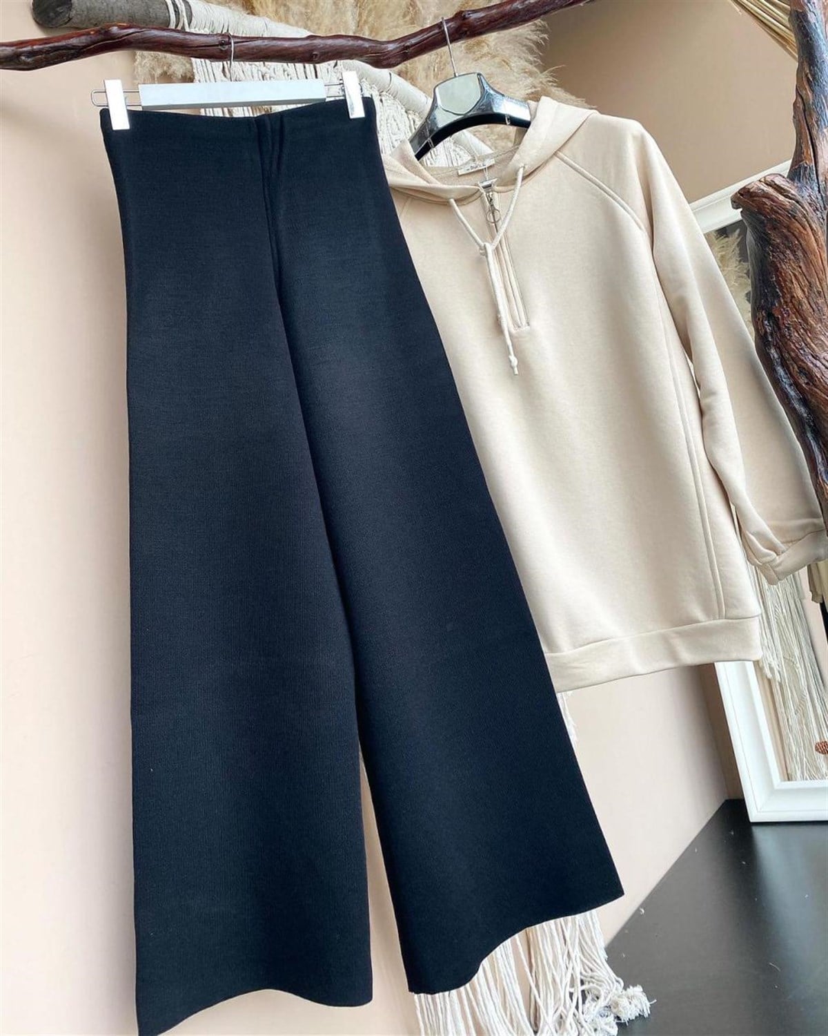 Kapşonlu Önden Fermuarlı Tunik Sweatshirt (KREM)