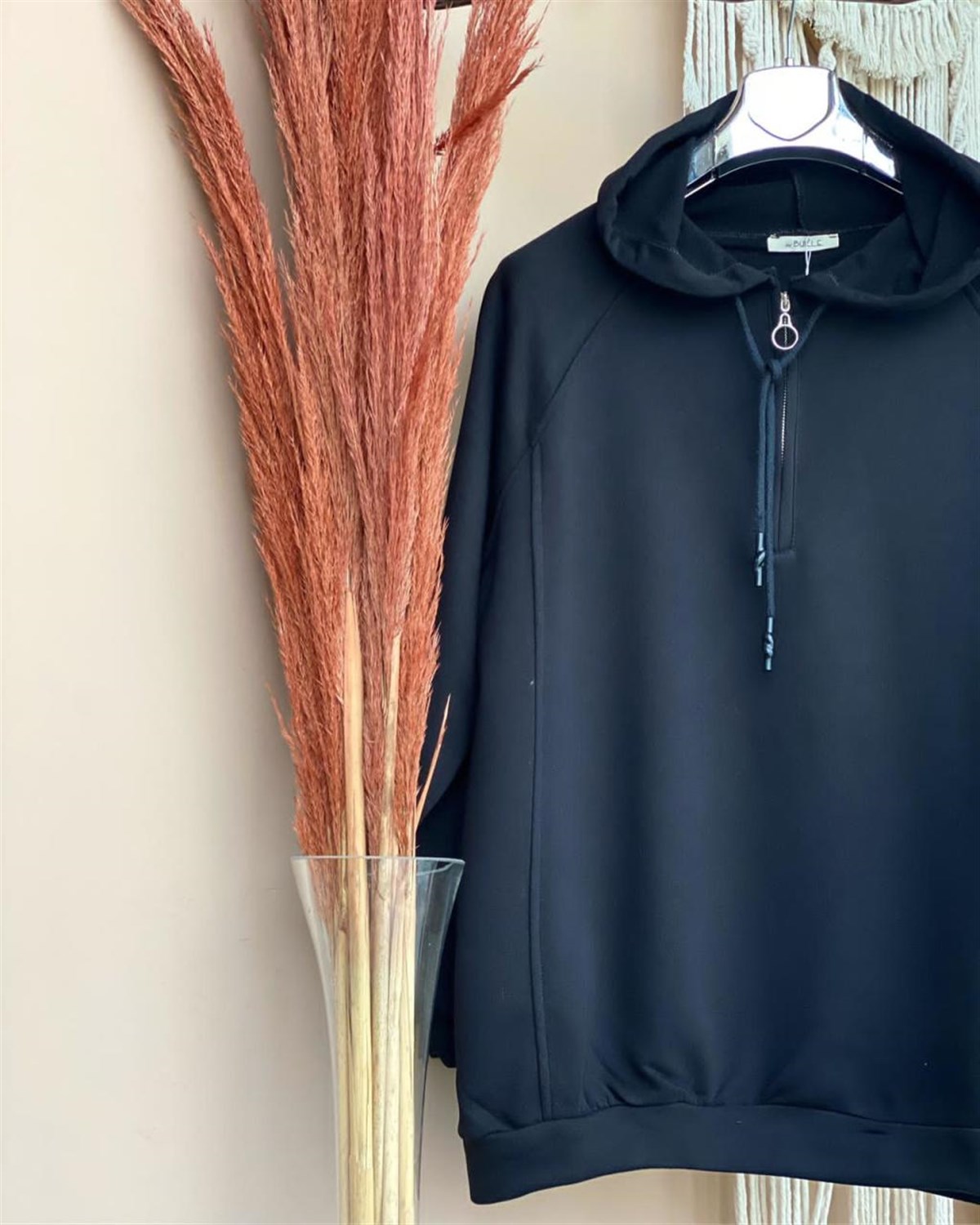 Kapşonlu Önden Fermuarlı Tunik Sweatshirt (SİYAH)