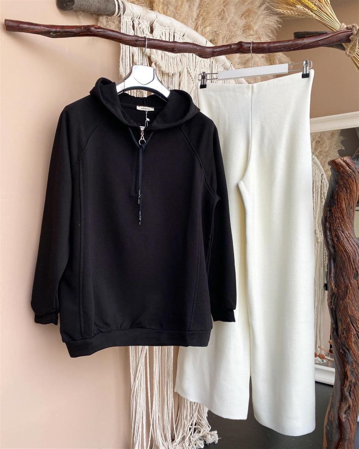 Kapşonlu Önden Fermuarlı Tunik Sweatshirt (SİYAH)