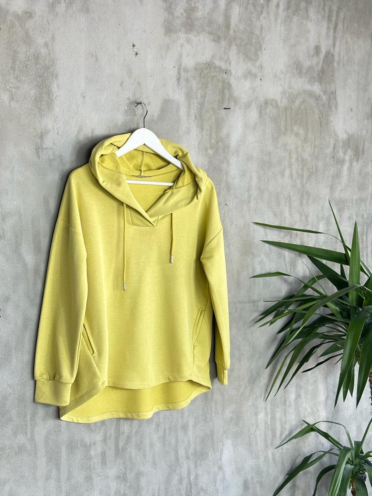 Kapşonlu Oval Kesim Kadın Sweat (Yağ Yeşili)
