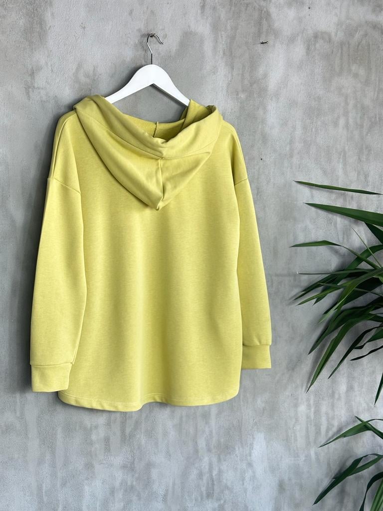Kapşonlu Oval Kesim Kadın Sweat (Yağ Yeşili)