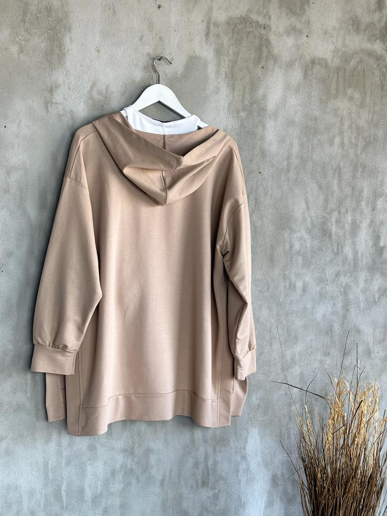 Kapşonlu Oversize Tunik Hırka (Camel)