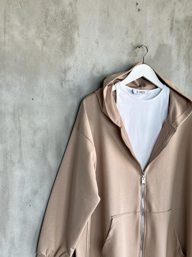 Kapşonlu Oversize Tunik Hırka (Camel)