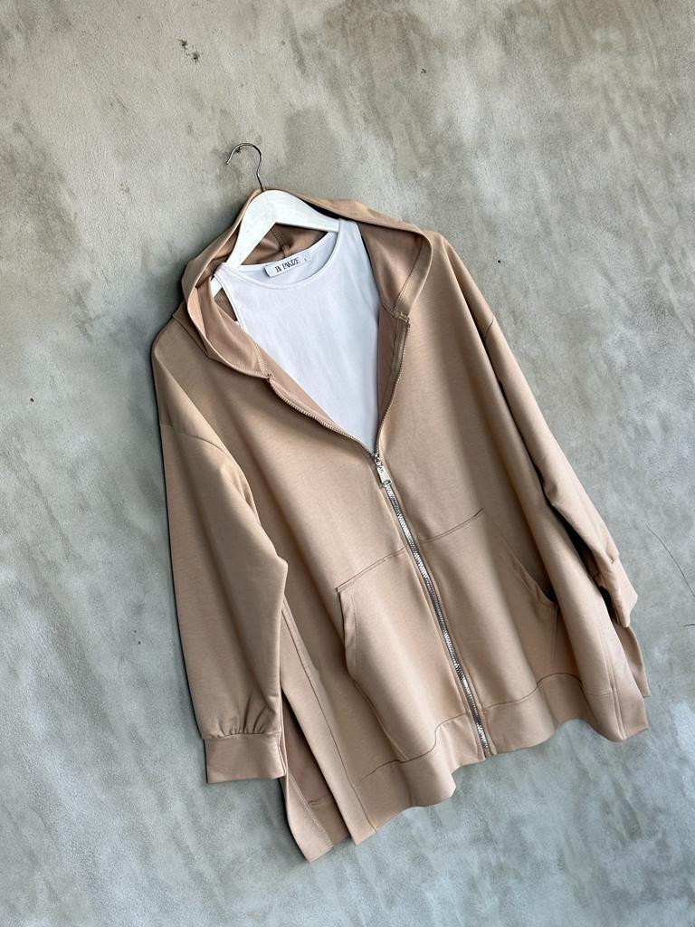 Kapşonlu Oversize Tunik Hırka (Camel)