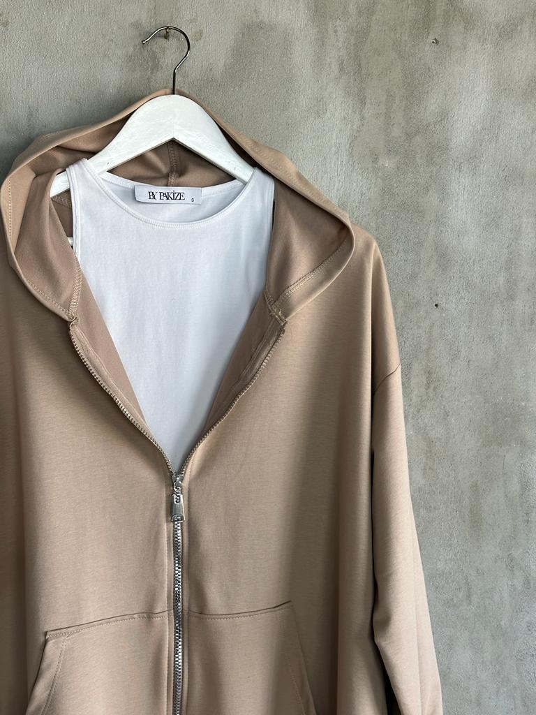 Kapşonlu Oversize Tunik Hırka (Camel)