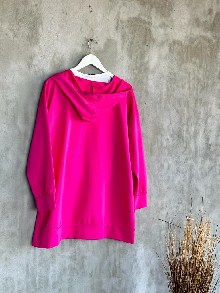 Kapşonlu Oversize Tunik Hırka (Fuşya)