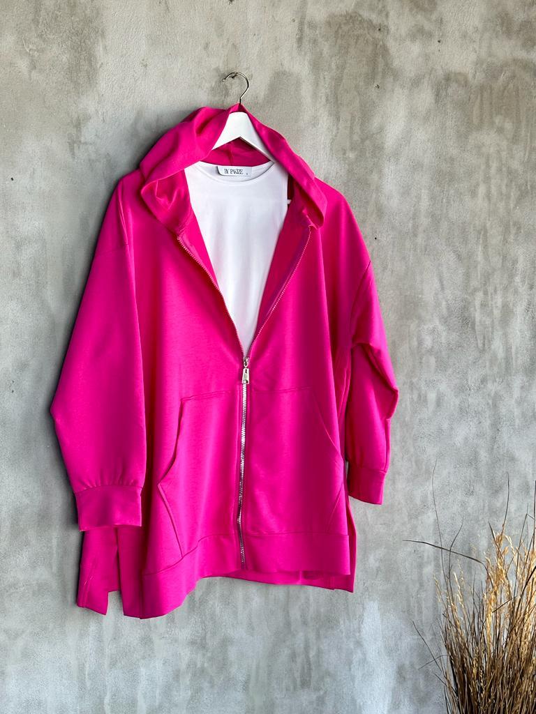 Kapşonlu Oversize Tunik Hırka (Fuşya)
