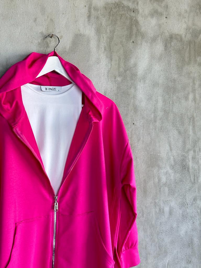 Kapşonlu Oversize Tunik Hırka (Fuşya)