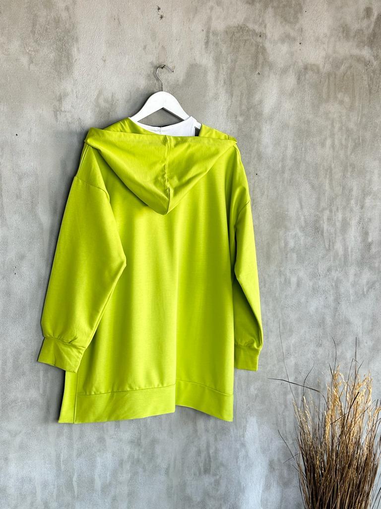 Kapşonlu Oversize Tunik Hırka (Yağ Yeşili)