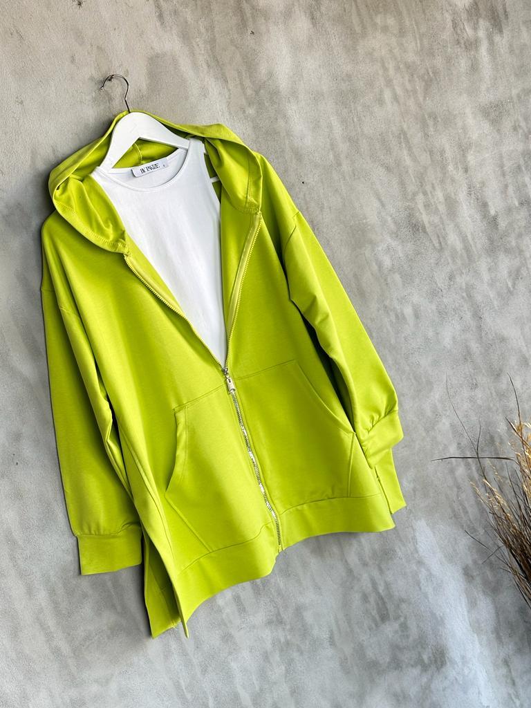 Kapşonlu Oversize Tunik Hırka (Yağ Yeşili)