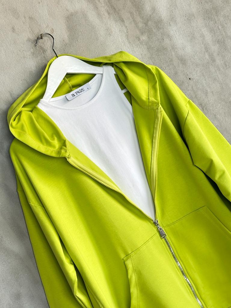 Kapşonlu Oversize Tunik Hırka (Yağ Yeşili)