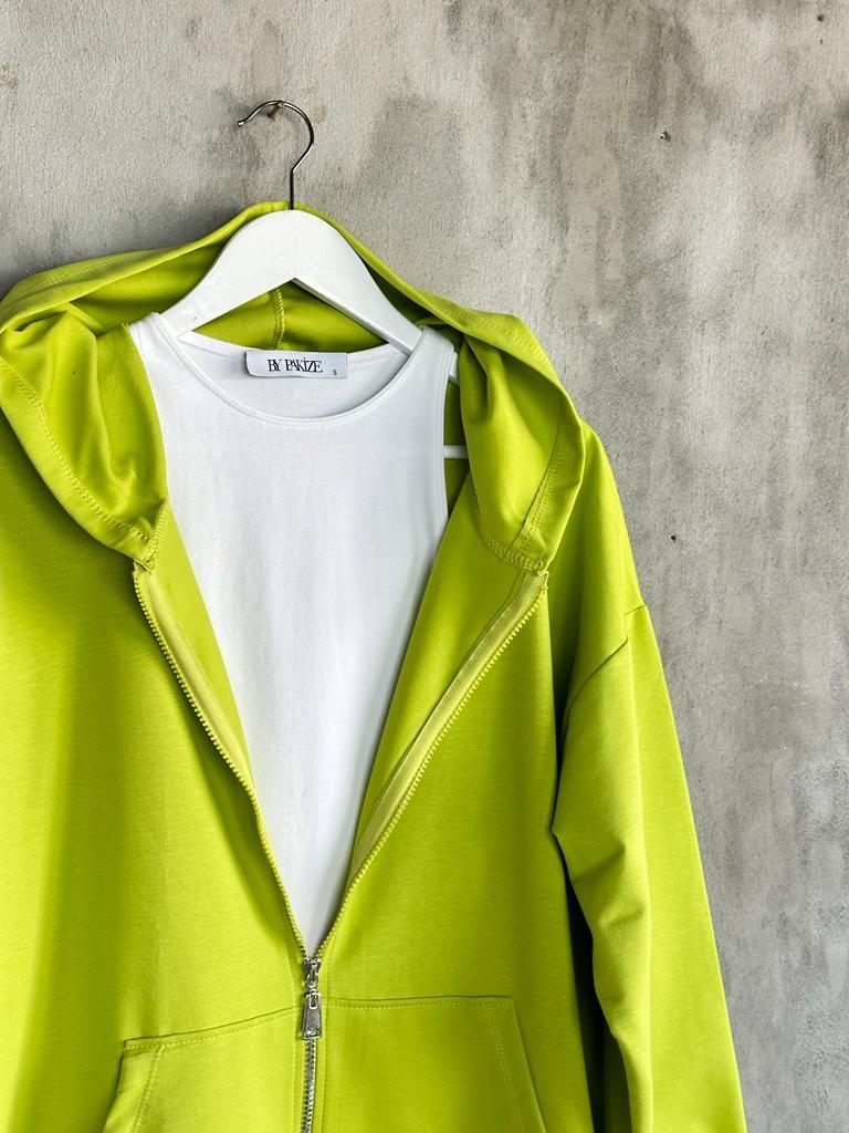 Kapşonlu Oversize Tunik Hırka (Yağ Yeşili)