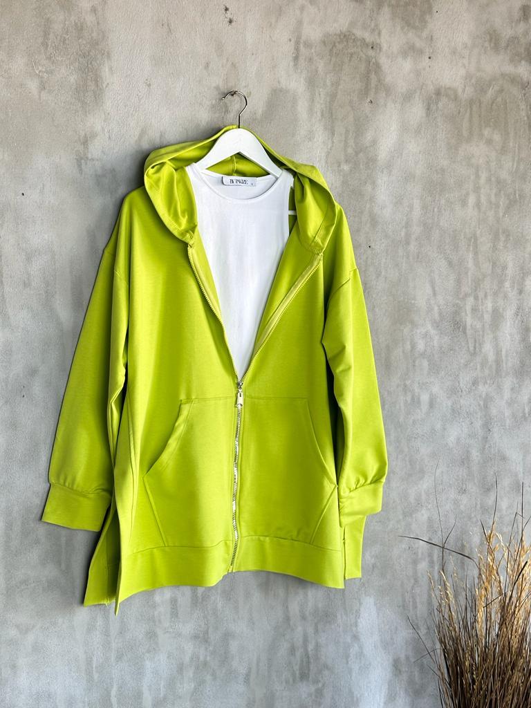 Kapşonlu Oversize Tunik Hırka (Yağ Yeşili)