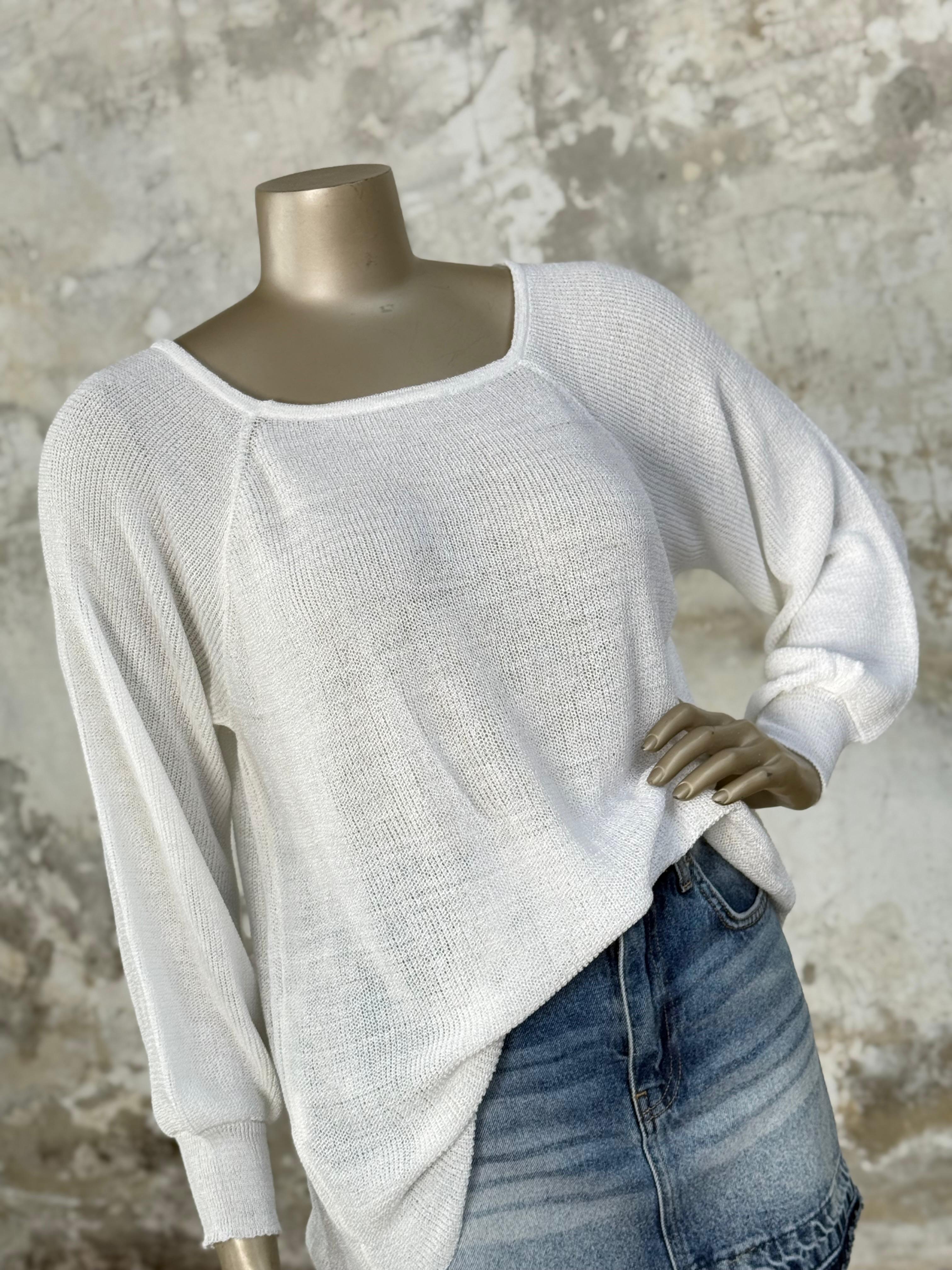 Kare Yaka Merserize Triko Örme Salaş Kazak (Beyaz)