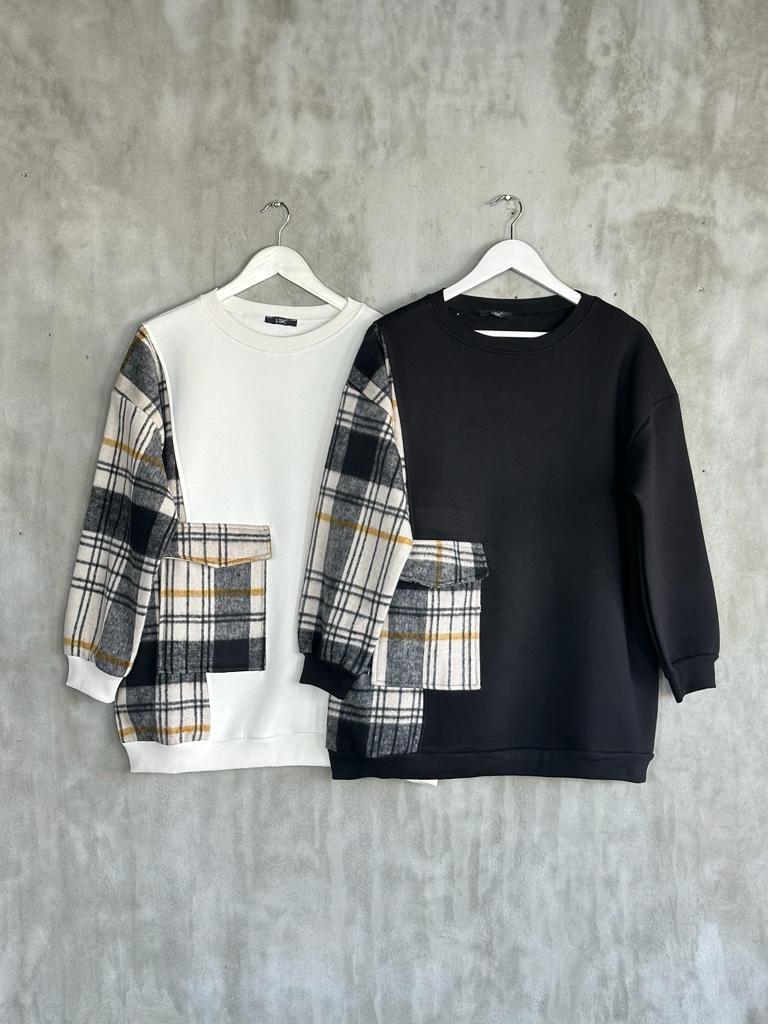 Kaşe Cep Detaylı Kadın Sweat (Beyaz)