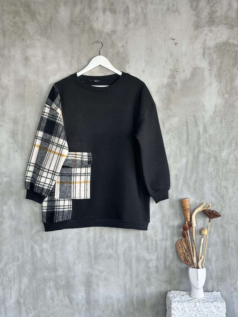 Kaşe Cep Detaylı Kadın Sweat (Siyah)