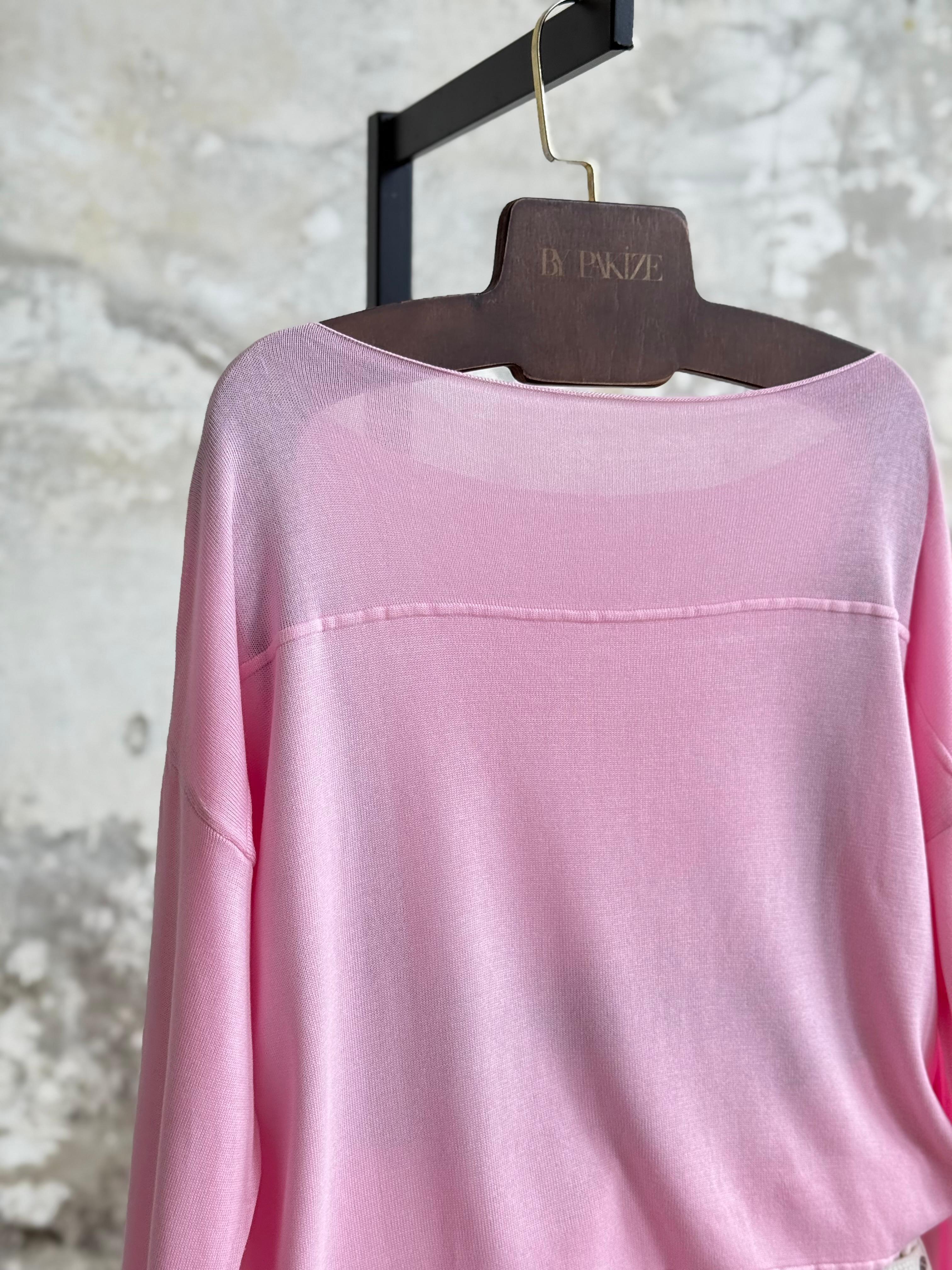 Kayık Yaka Merserize Kazak (Pembe)