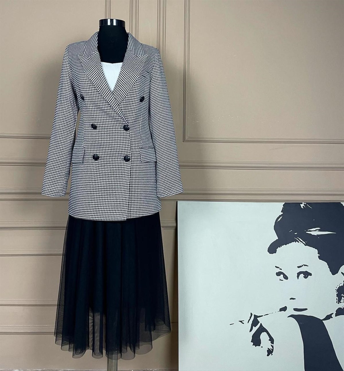 Kazayağı Desenli İçi Astarlı Blazer Ceket