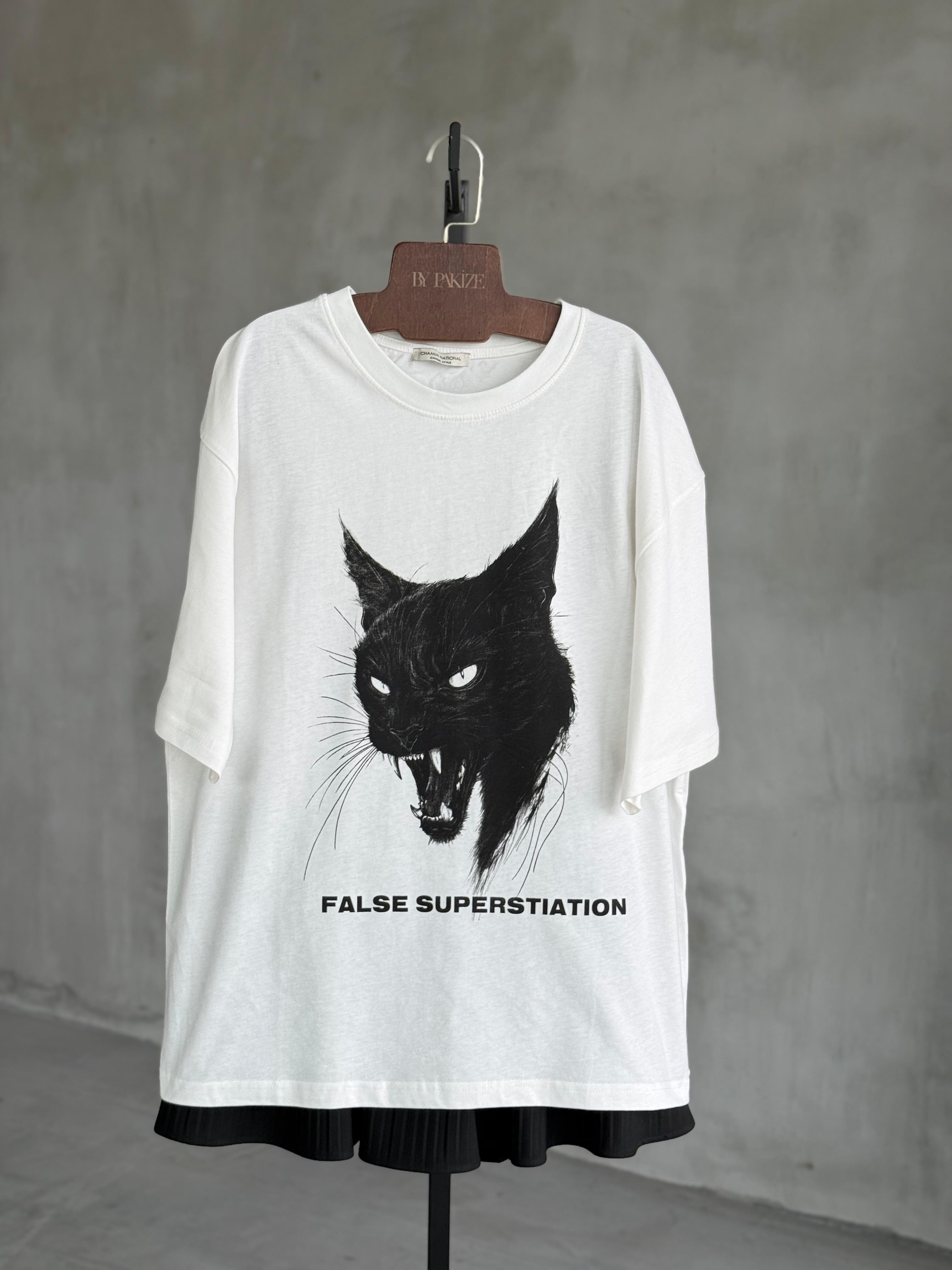 Kedi Baskılı Oversize Dokuma Tişört (Beyaz)