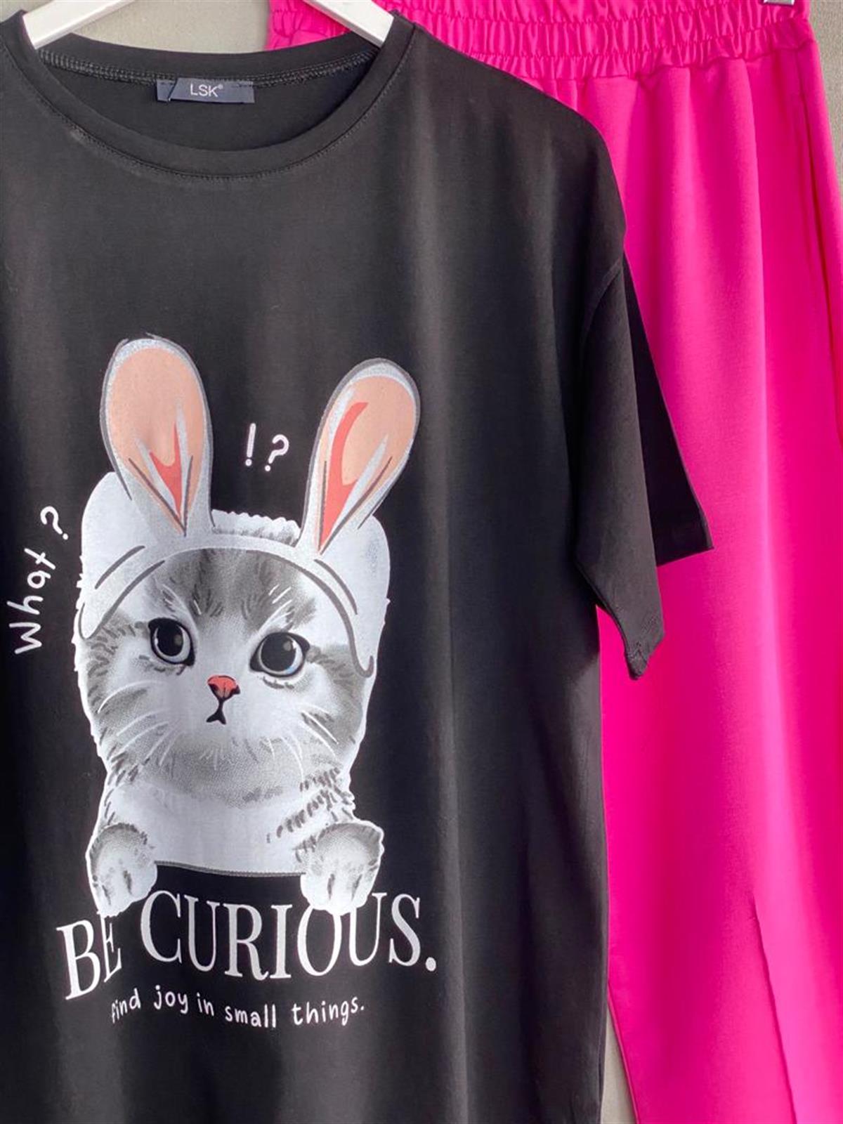 Kedi Baskılı Oversize Tunik Tişört (Siyah)