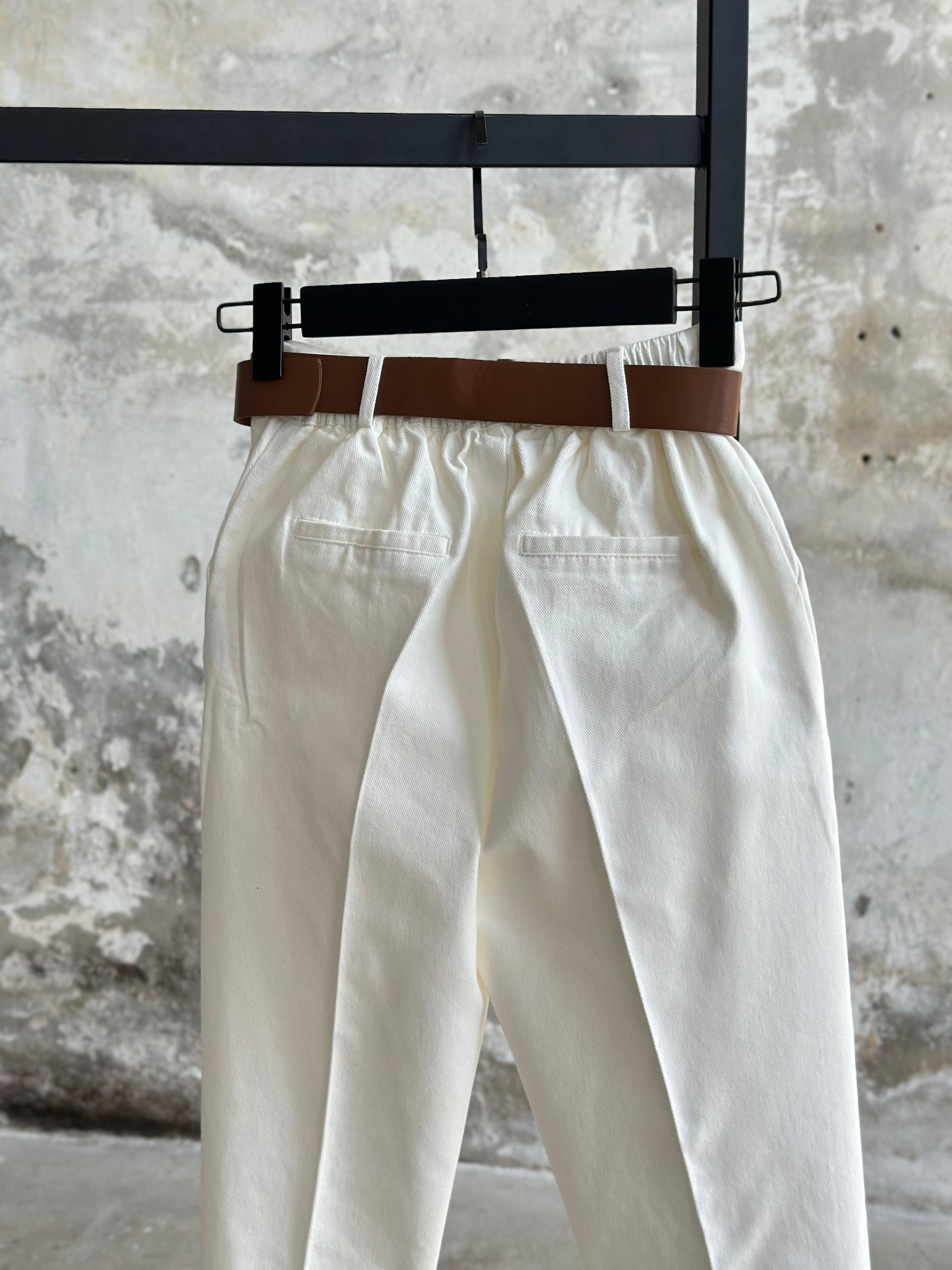 Kemerli Gabardin Kumaş Pantolon (Ekru)
