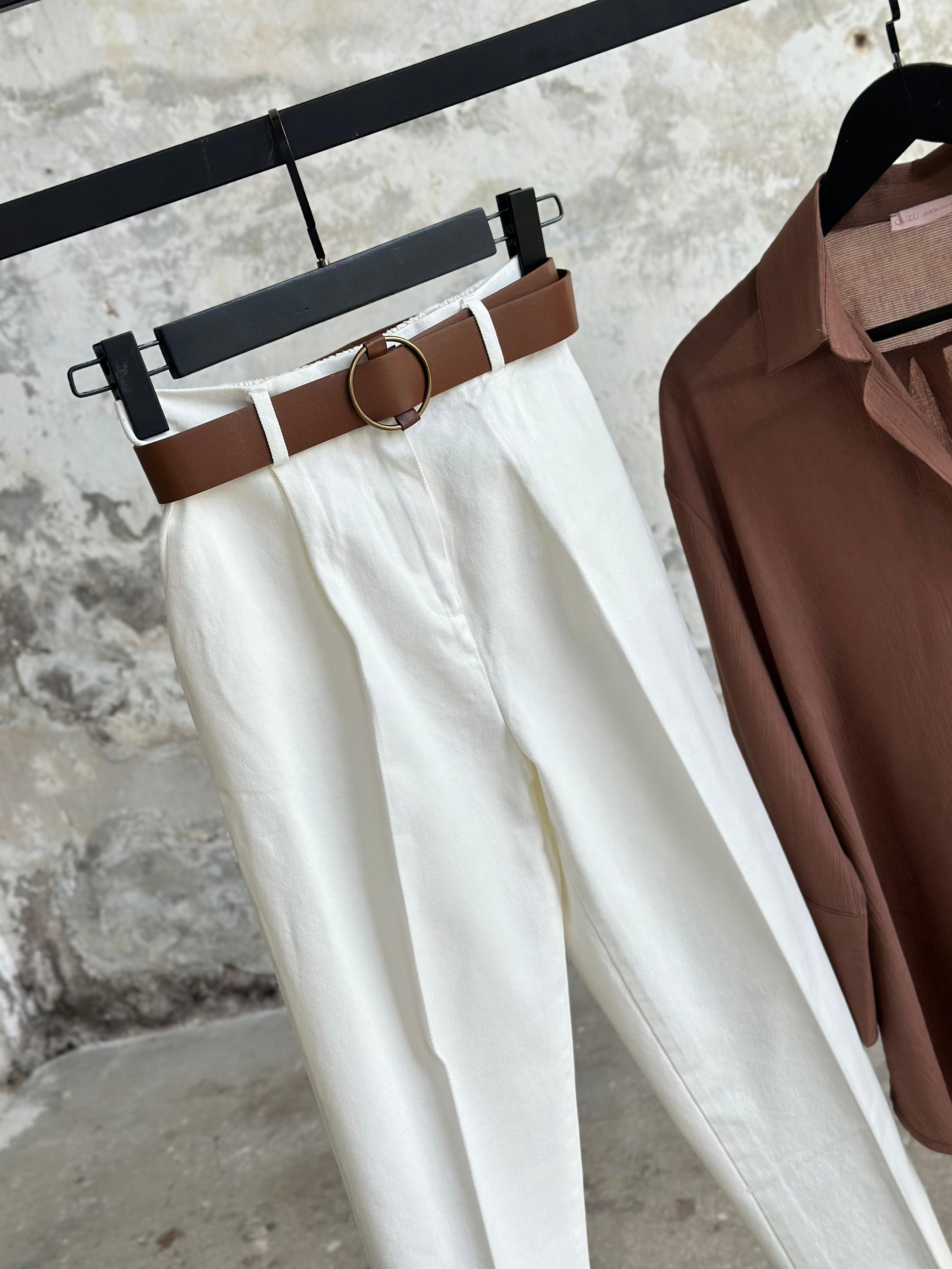 Kemerli Gabardin Kumaş Pantolon (Ekru)