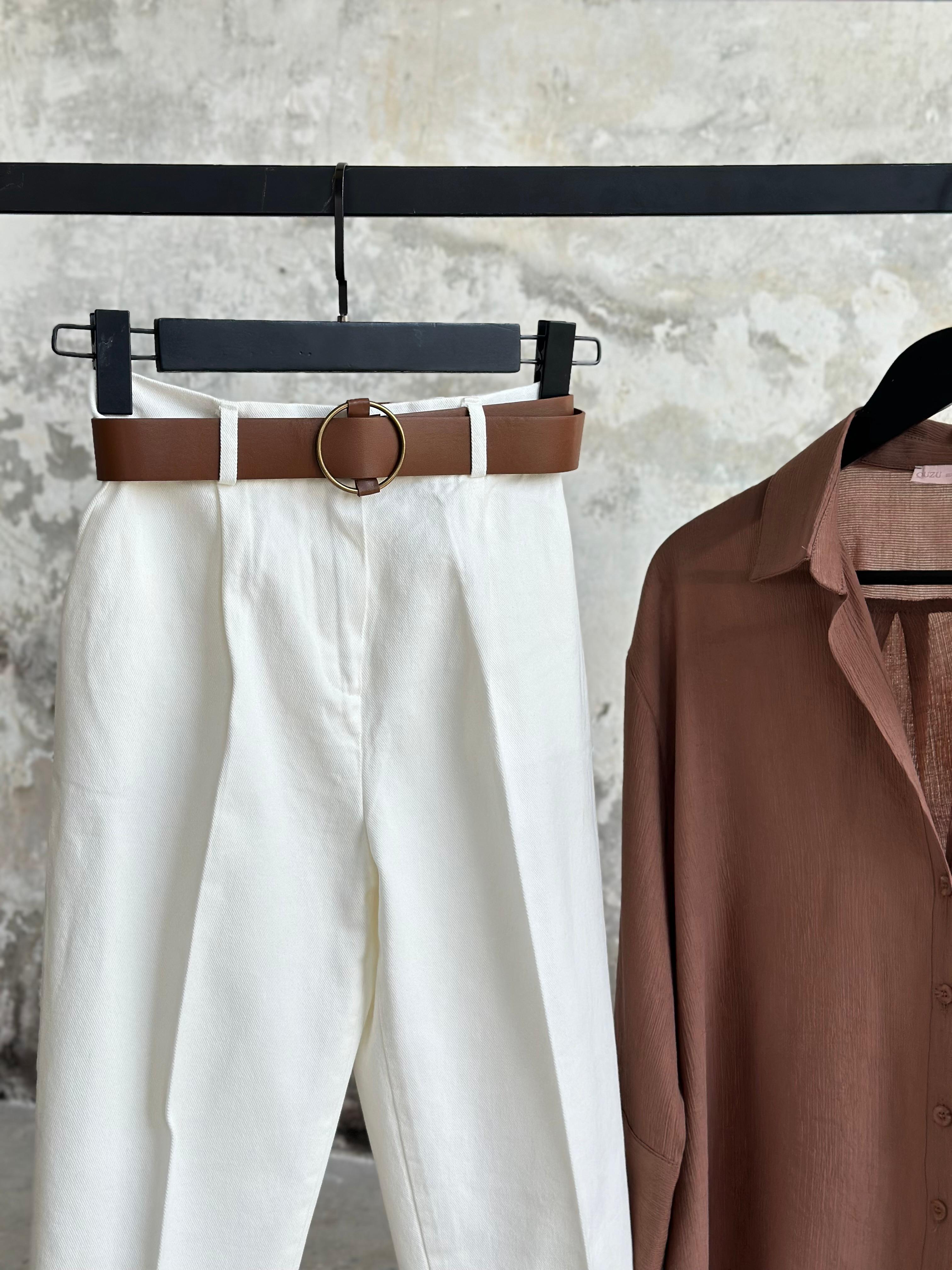 Kemerli Gabardin Kumaş Pantolon (Ekru)