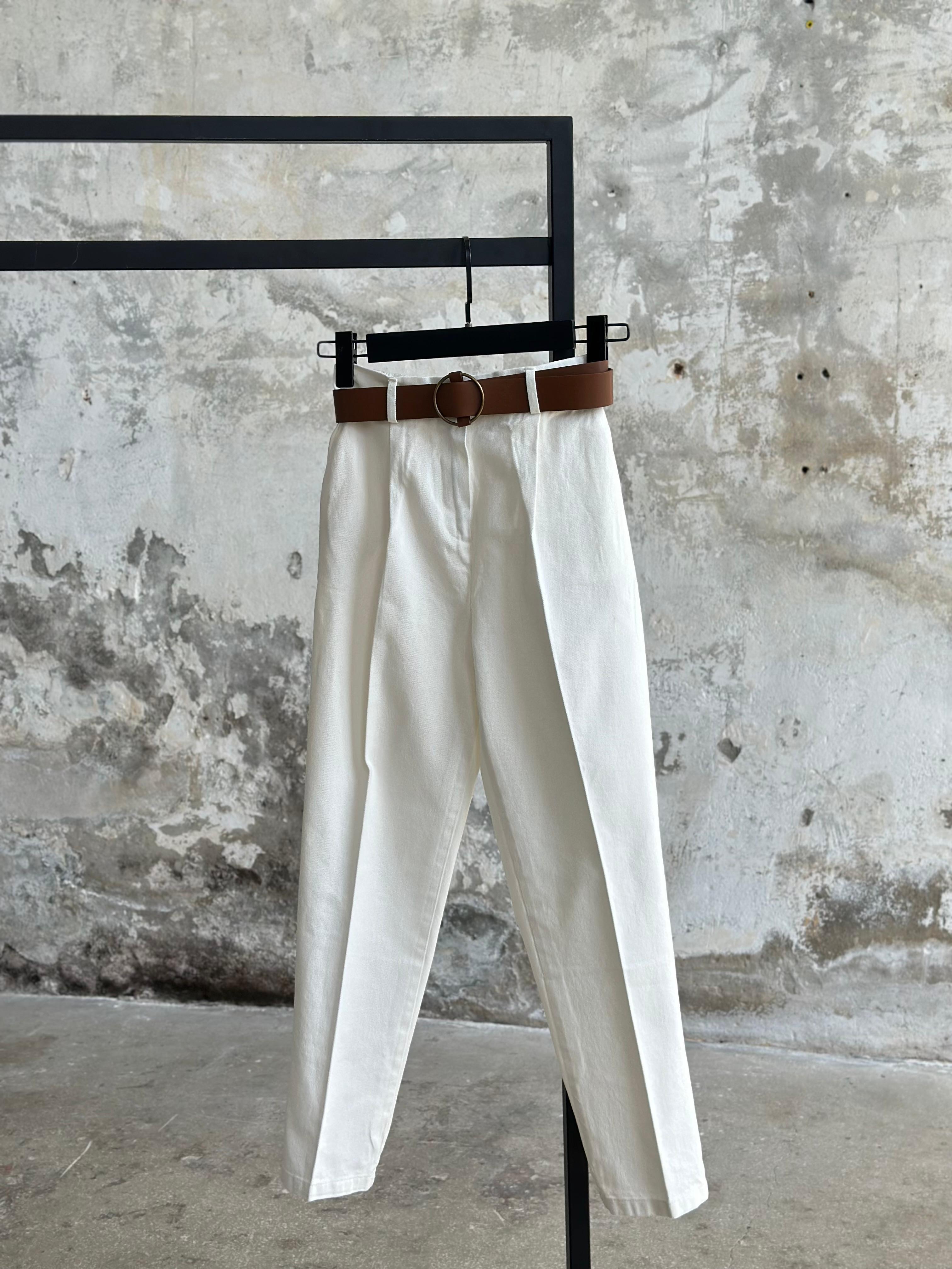 Kemerli Gabardin Kumaş Pantolon (Ekru)