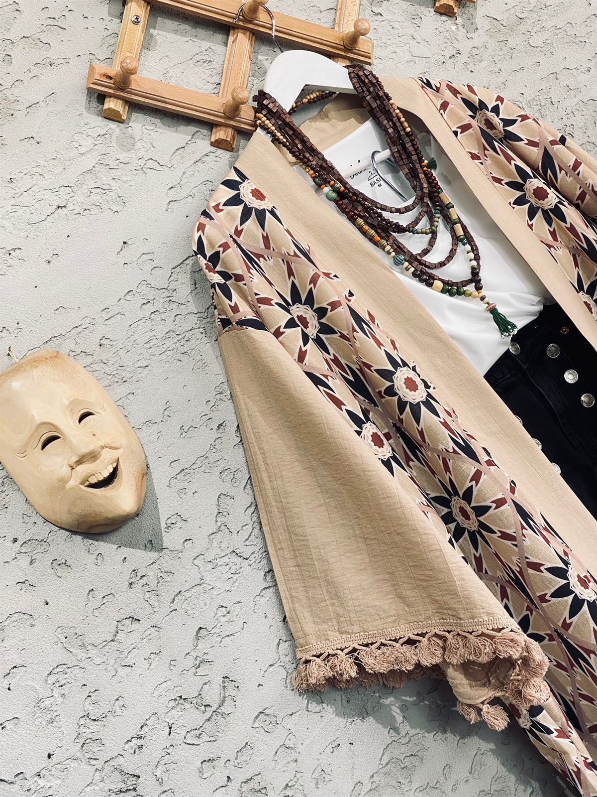keten kolu püskül çiçek motifli kimono