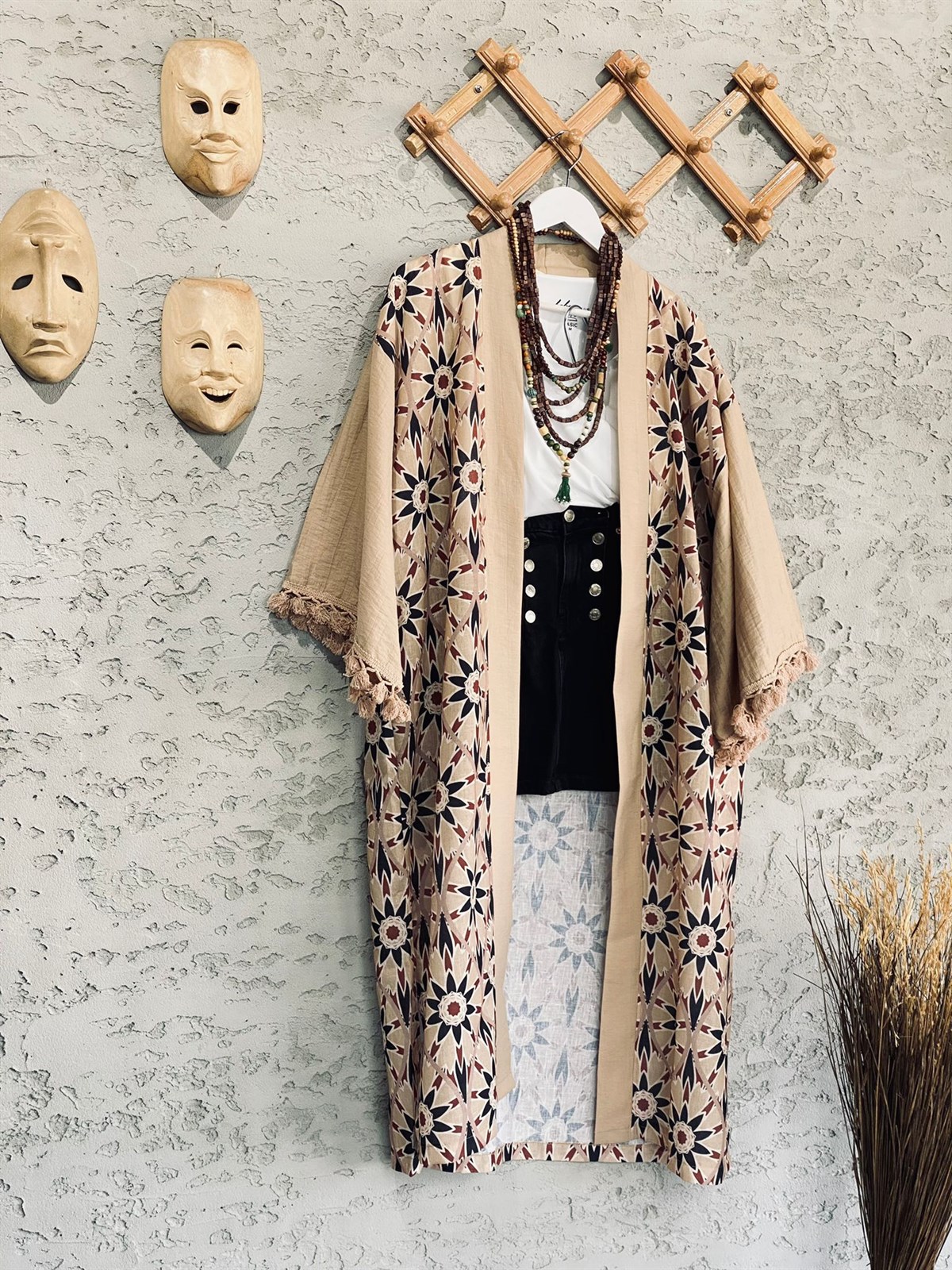 keten kolu püskül çiçek motifli kimono