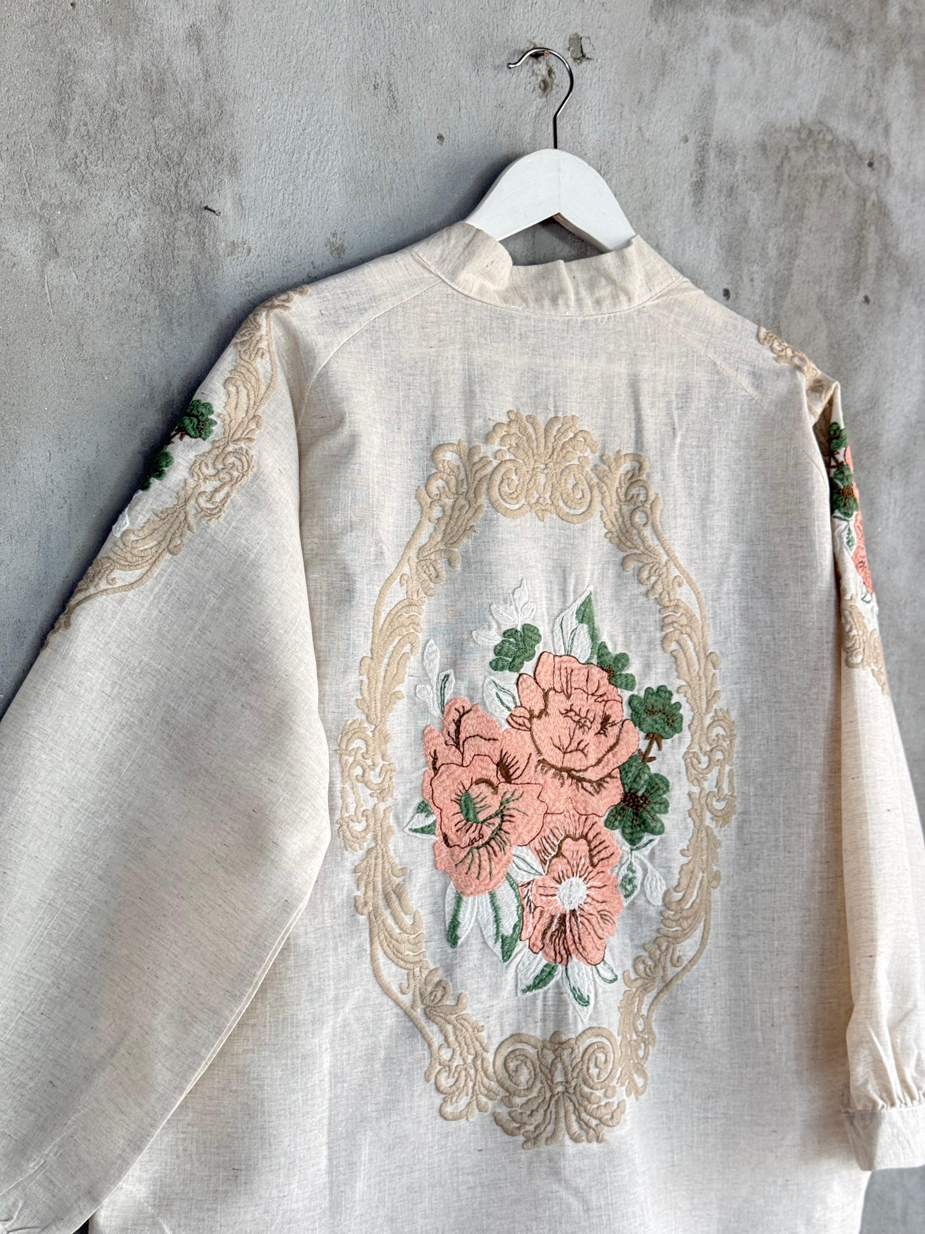 Keten Kumaş Nakış İşçilikli Oversize Kimono (Taş)