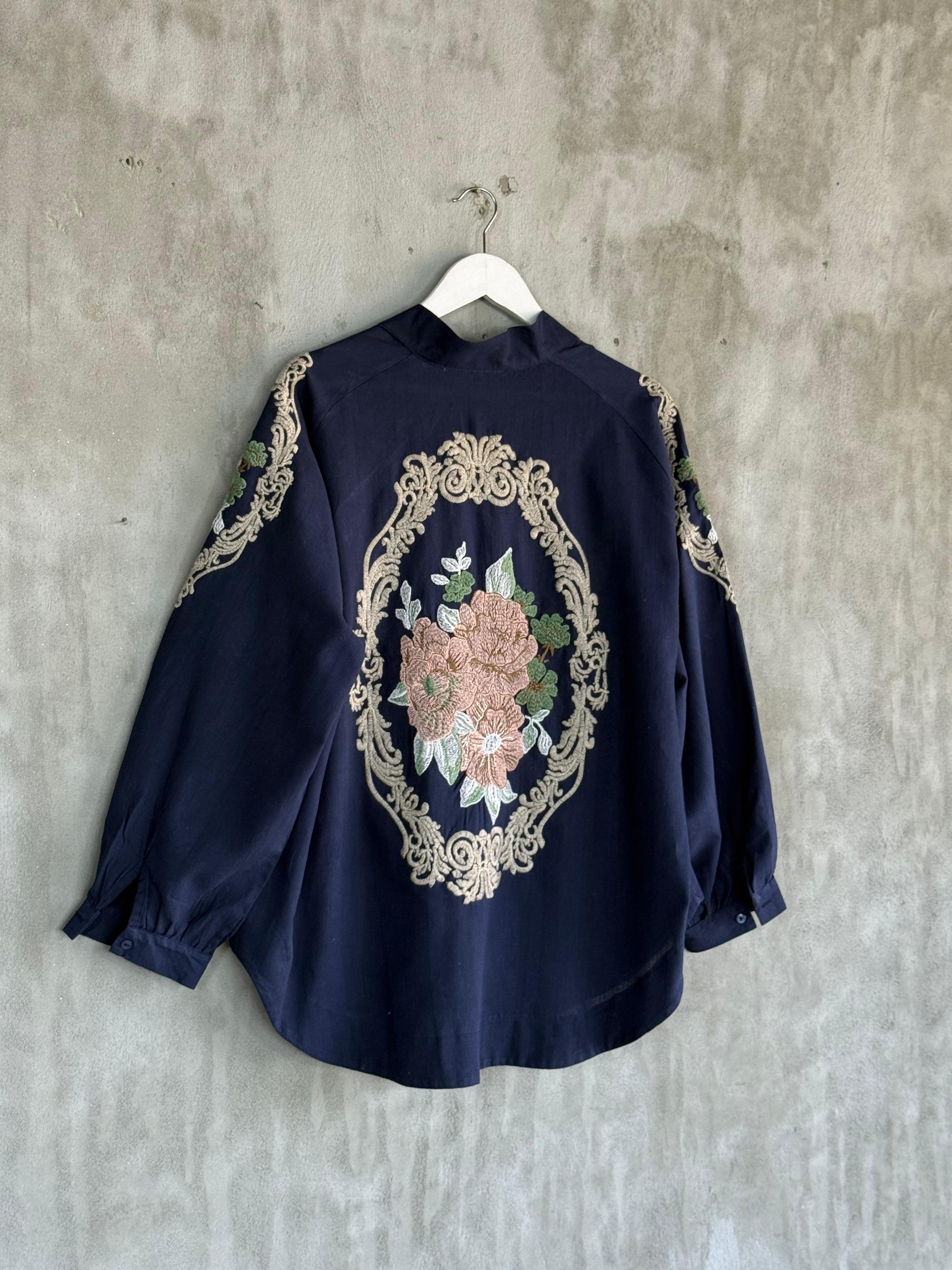 Keten Kumaş Nakış İşçilikli Oversize Kimono (Lacivert)