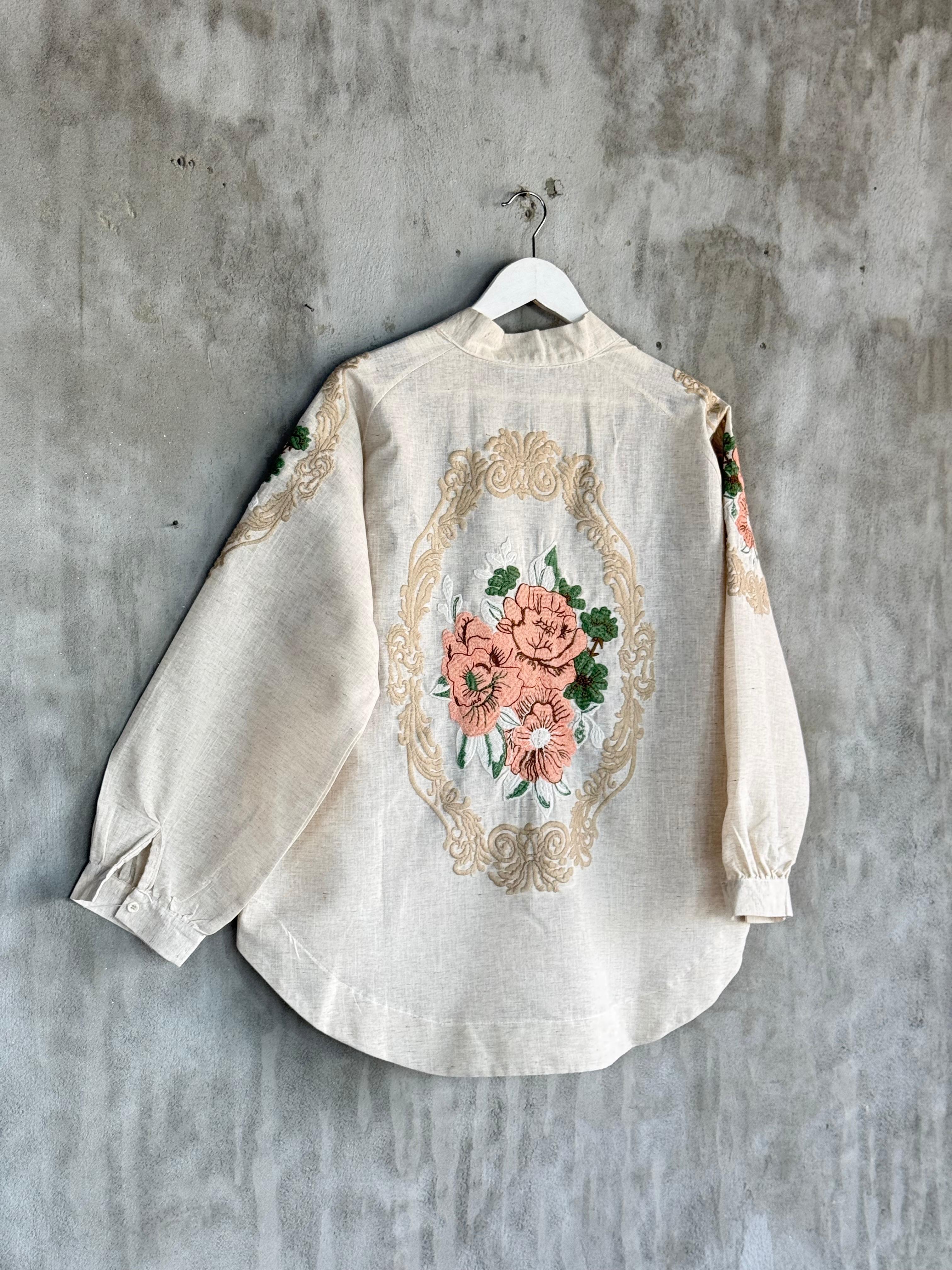 Keten Kumaş Nakış İşçilikli Oversize Kimono (Taş)
