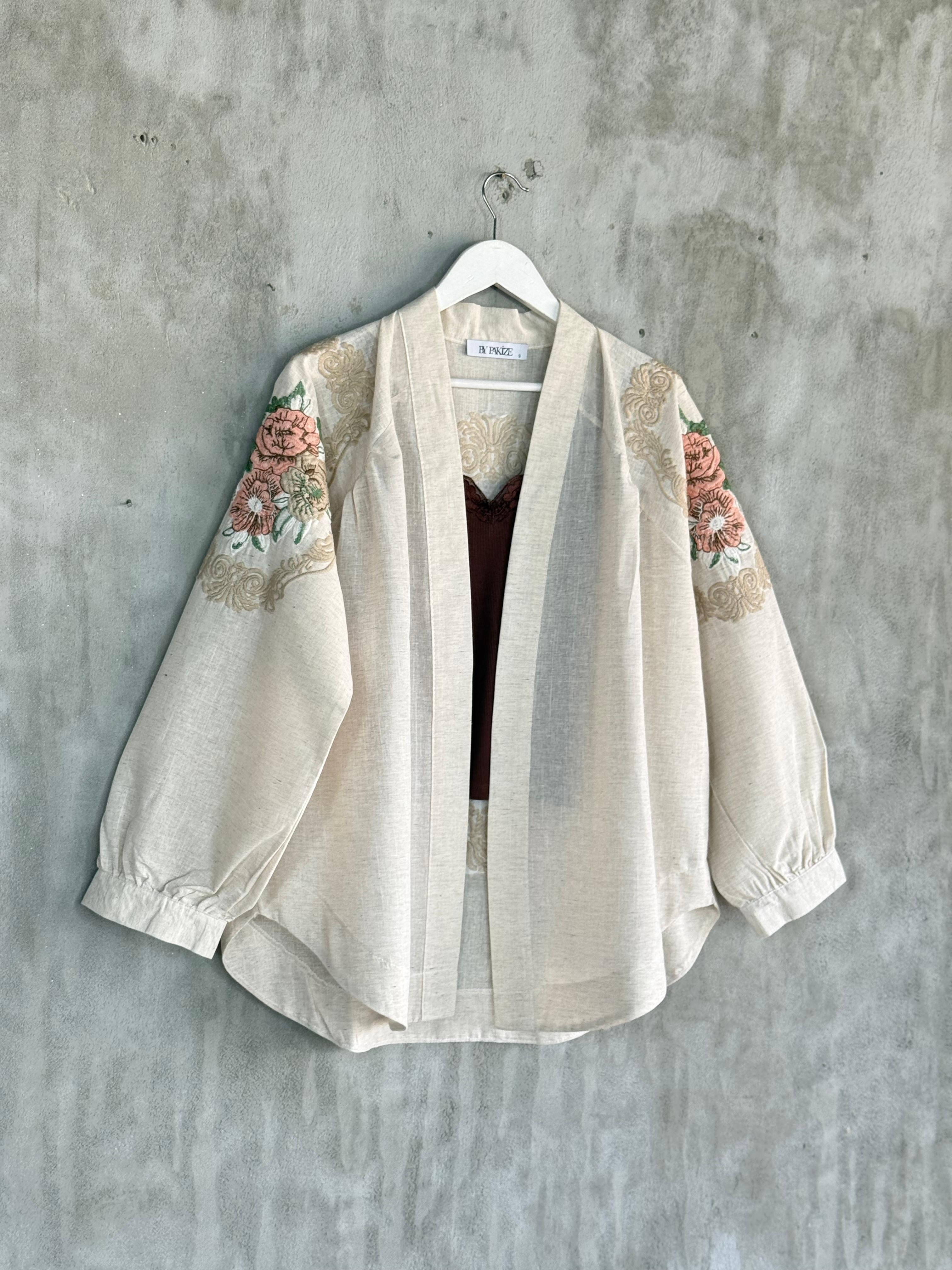 Keten Kumaş Nakış İşçilikli Oversize Kimono (Taş)