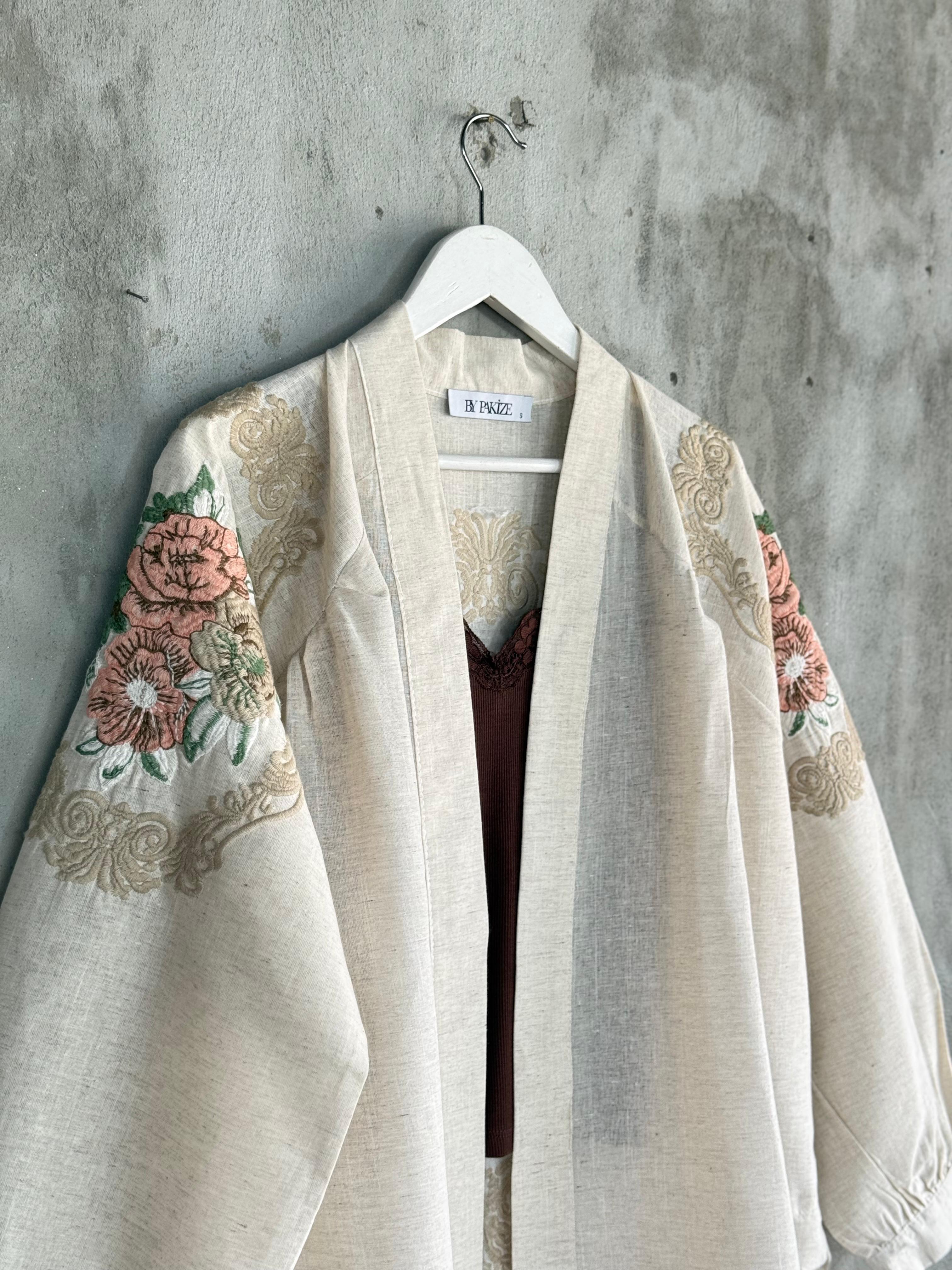 Keten Kumaş Nakış İşçilikli Oversize Kimono (Taş)