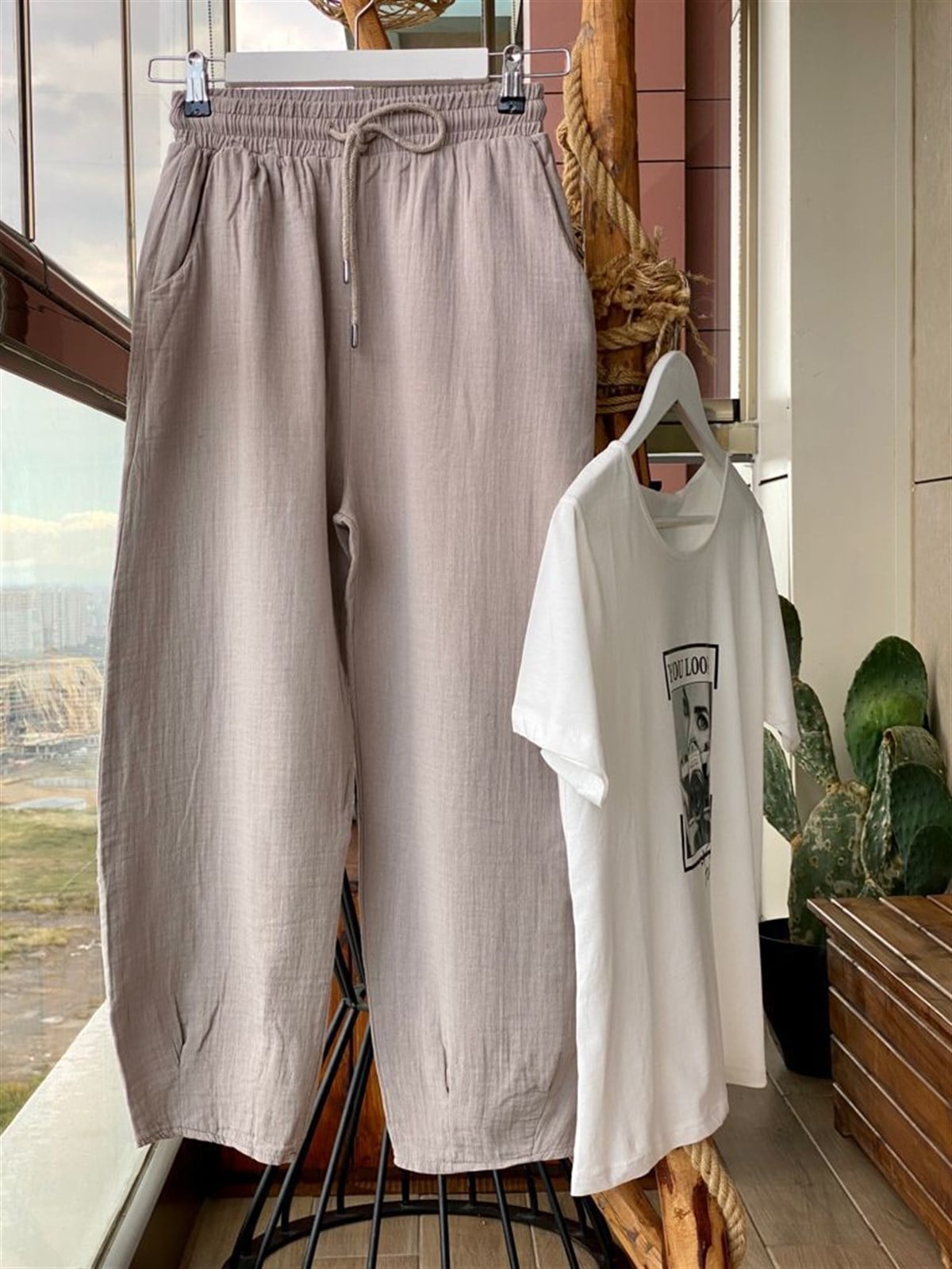 Keten Kumaş Yüksek Bel Pantolon (Vizon)
