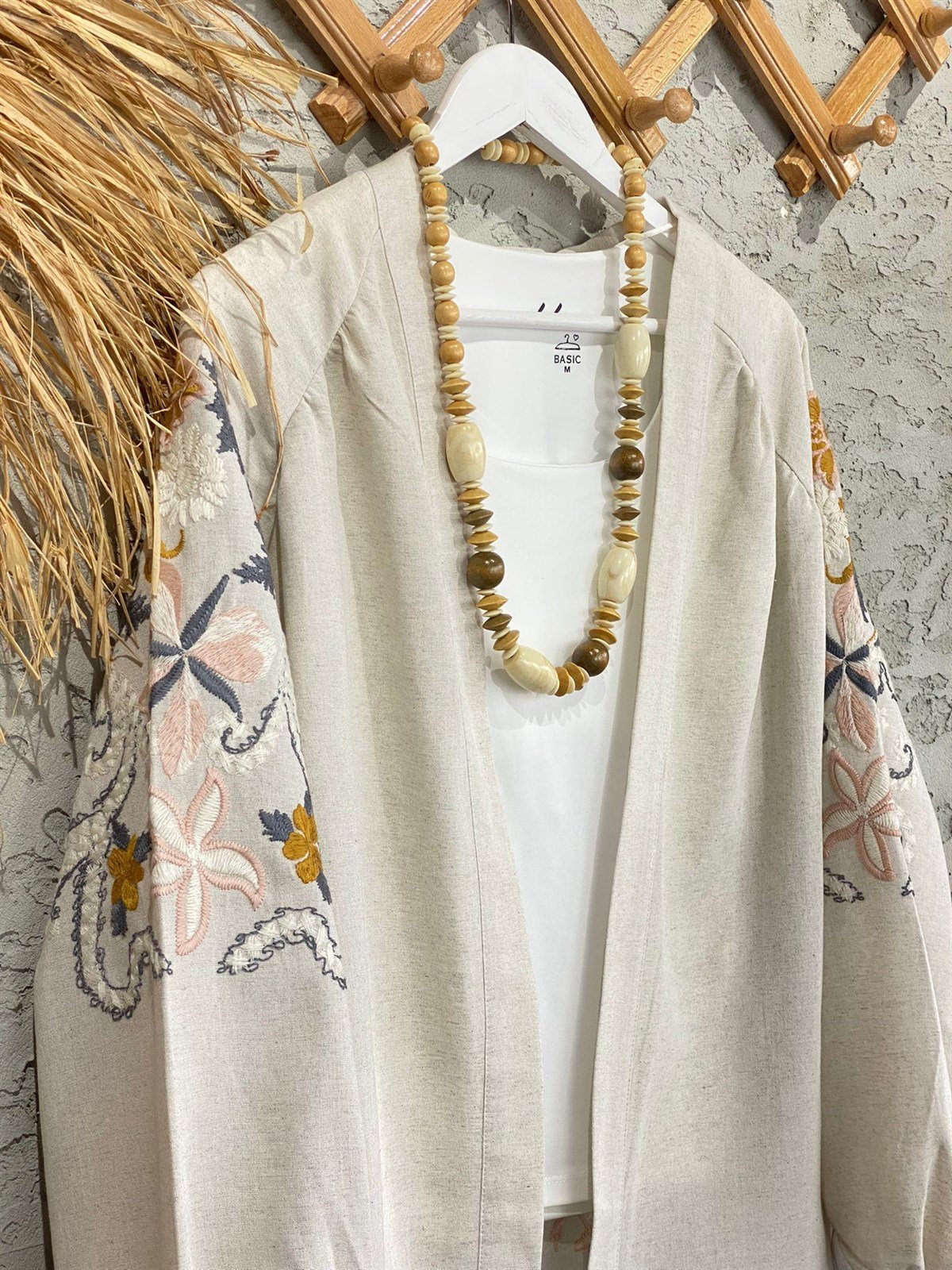 Keten Özel Nakış İşlemeli Bohem Kimono