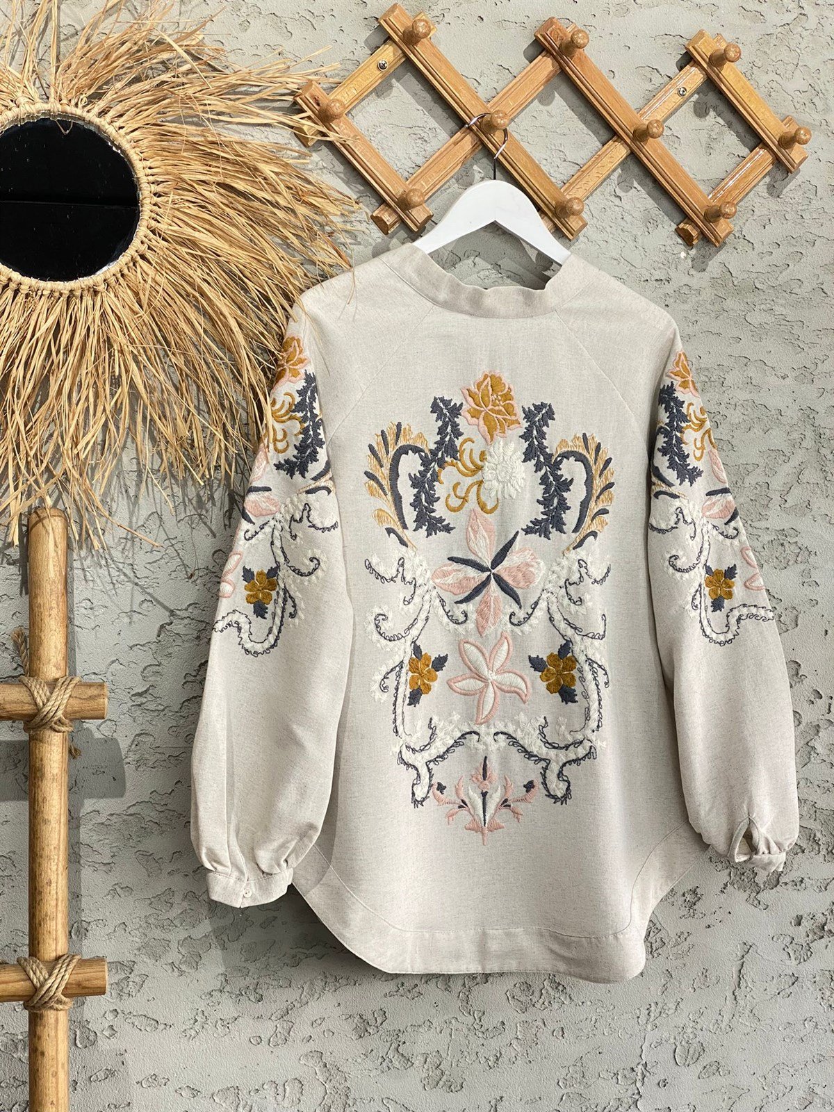 Keten Özel Nakış İşlemeli Bohem Kimono