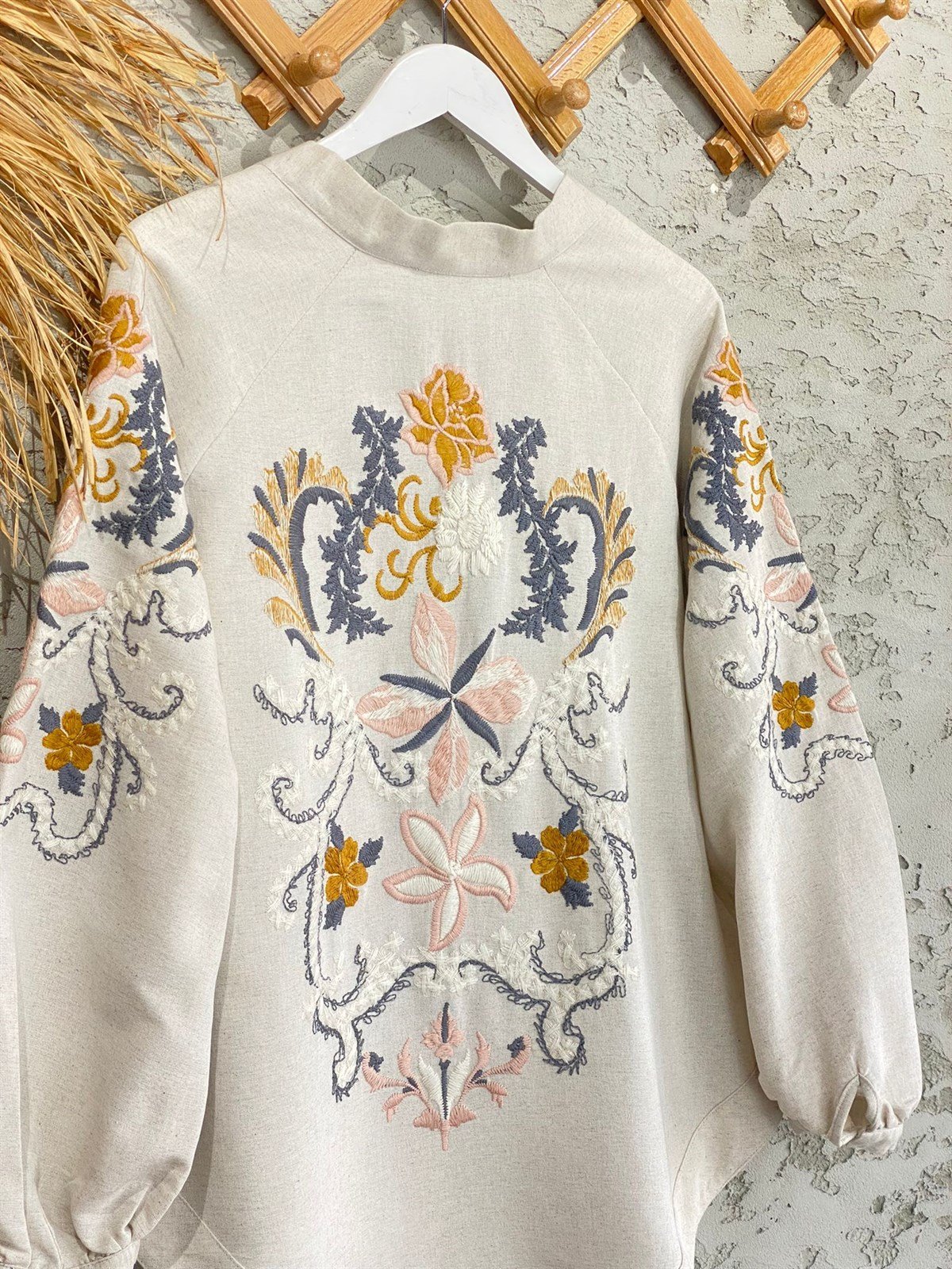 Keten Özel Nakış İşlemeli Bohem Kimono