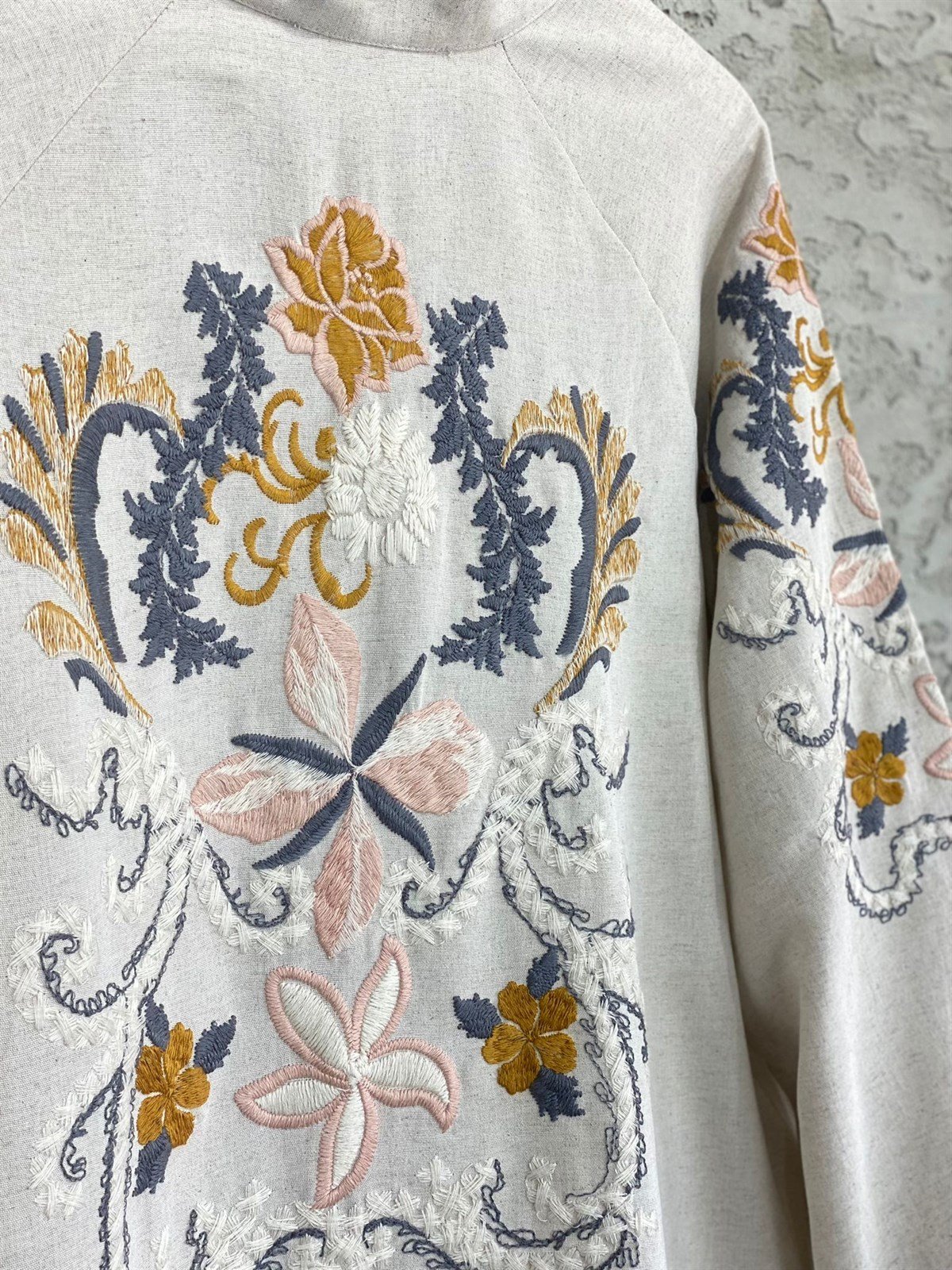 Keten Özel Nakış İşlemeli Bohem Kimono