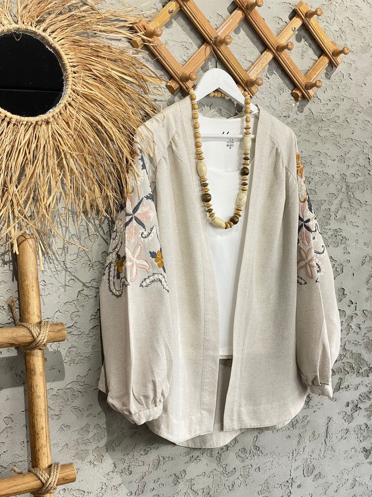 Keten Özel Nakış İşlemeli Bohem Kimono
