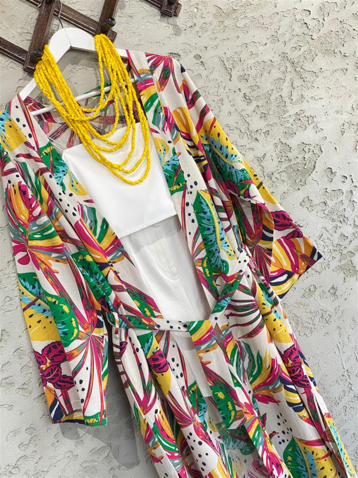 Keten Renkli Palmiye Desenli Ekru Kimono