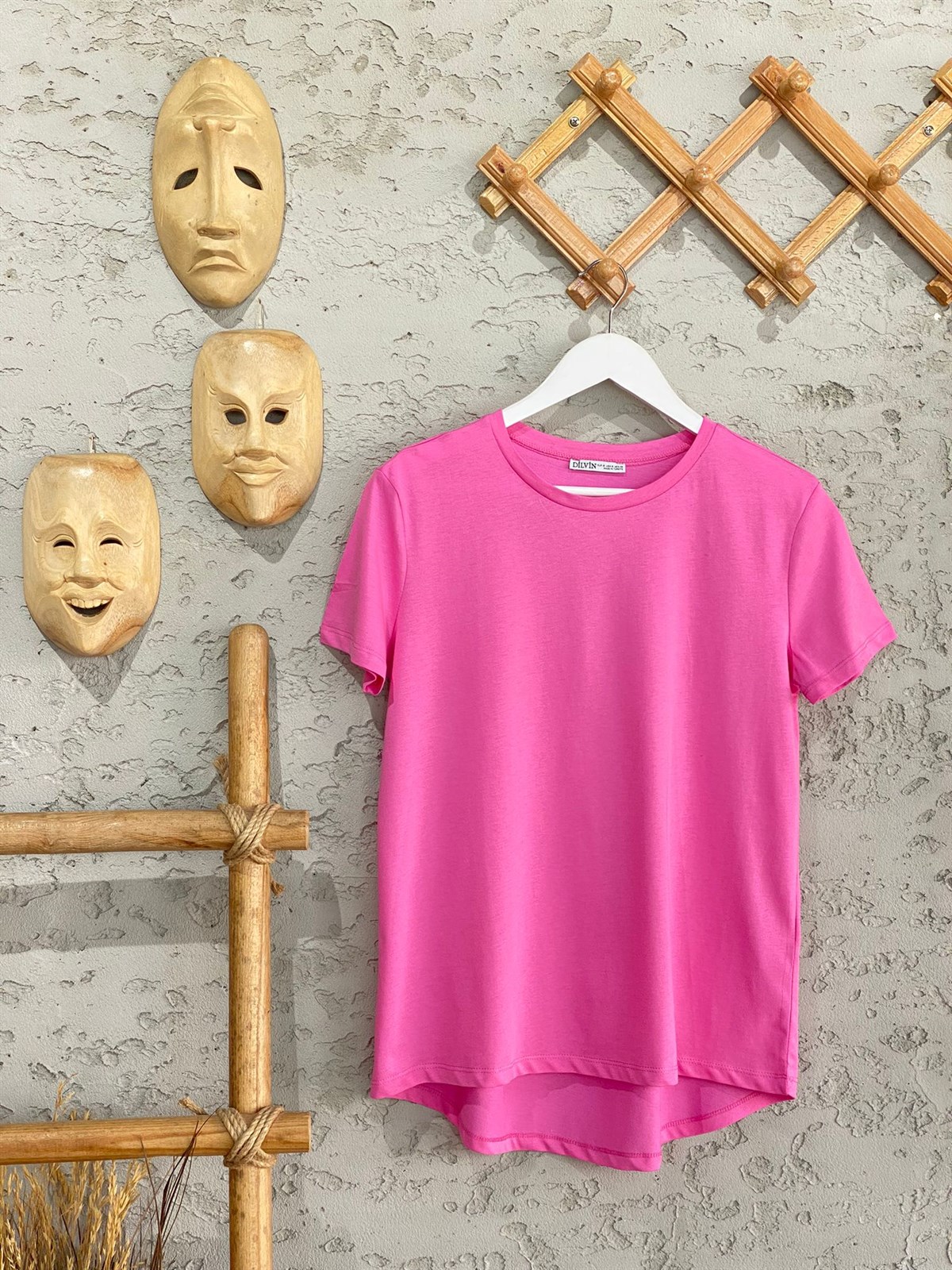 Kısa Kol Bisiklet Yakalı Basic Rous Tişört (Pembe/Saks)