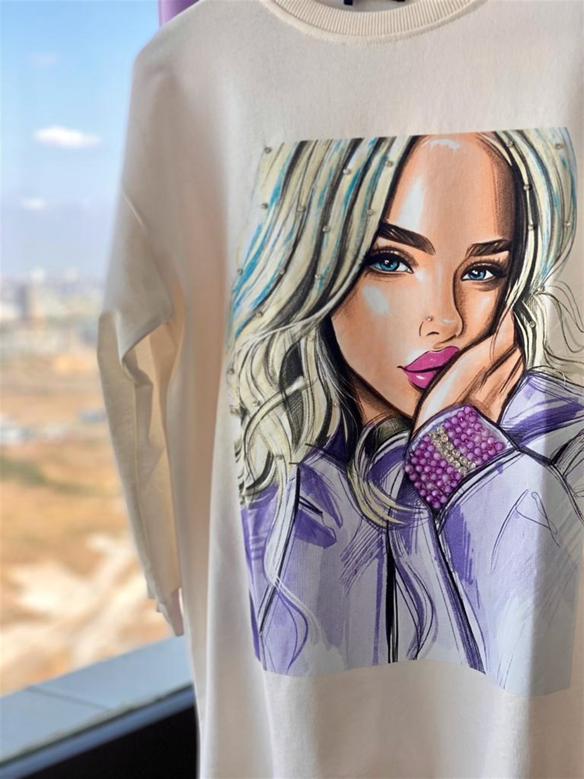 Kız Baskı Detaylı Özel Kristal İşçilikli Sweat (Ekru)