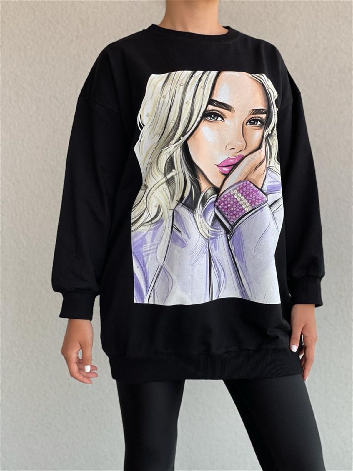Kız Baskı Detaylı Özel Kristal İşçilikli Sweat (Siyah)