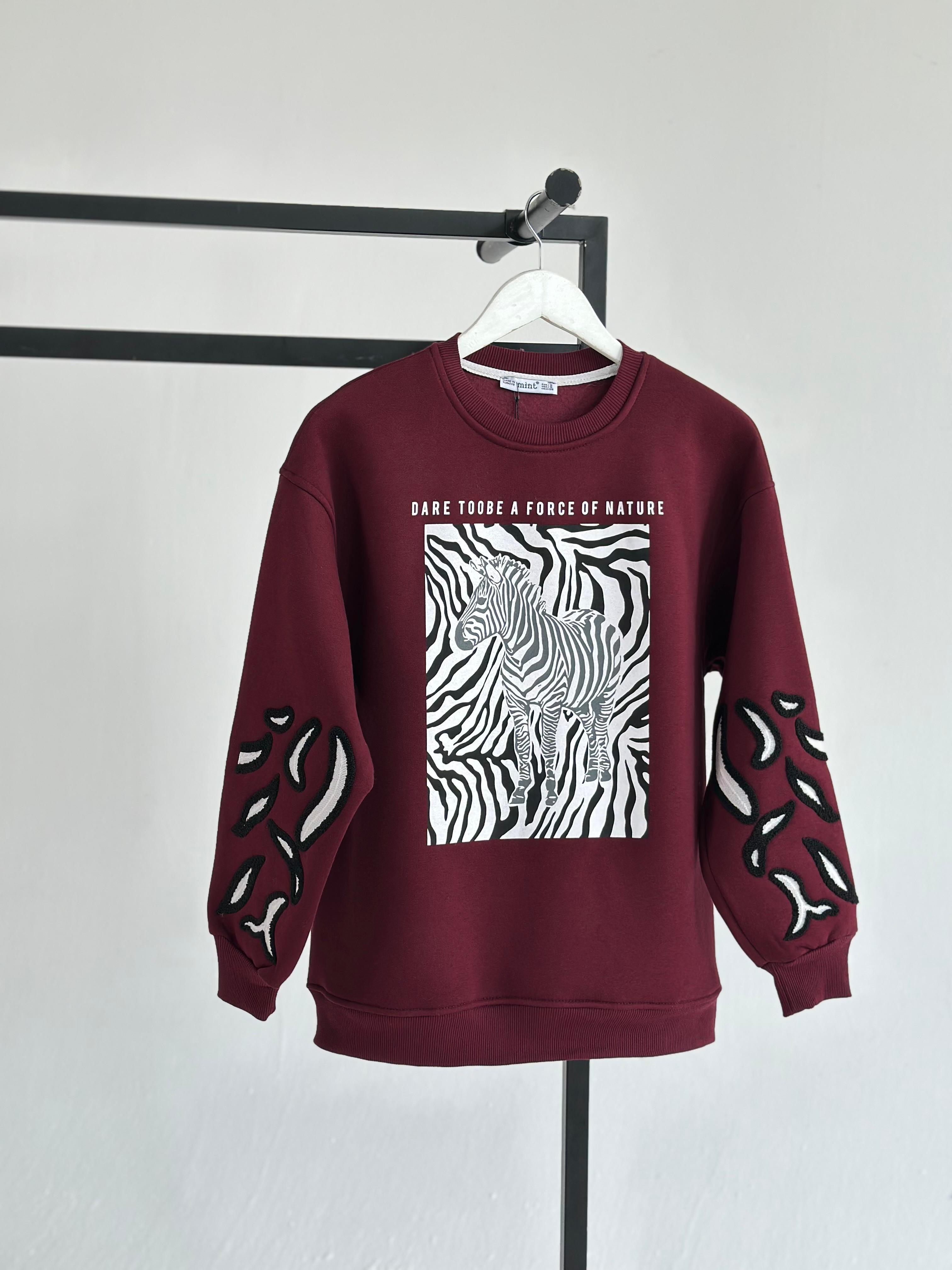 Koldan Nakış İşlemeli Ve Zebra Baskılı Sweat (Bordo)