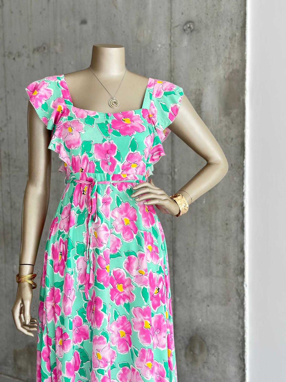 Kolları Fırfırlı Beli Kuşaklı Çiçekli Elbise (Yeşil)