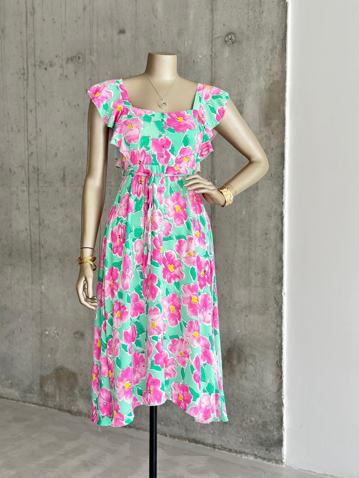 Kolları Fırfırlı Beli Kuşaklı Çiçekli Elbise (Yeşil)