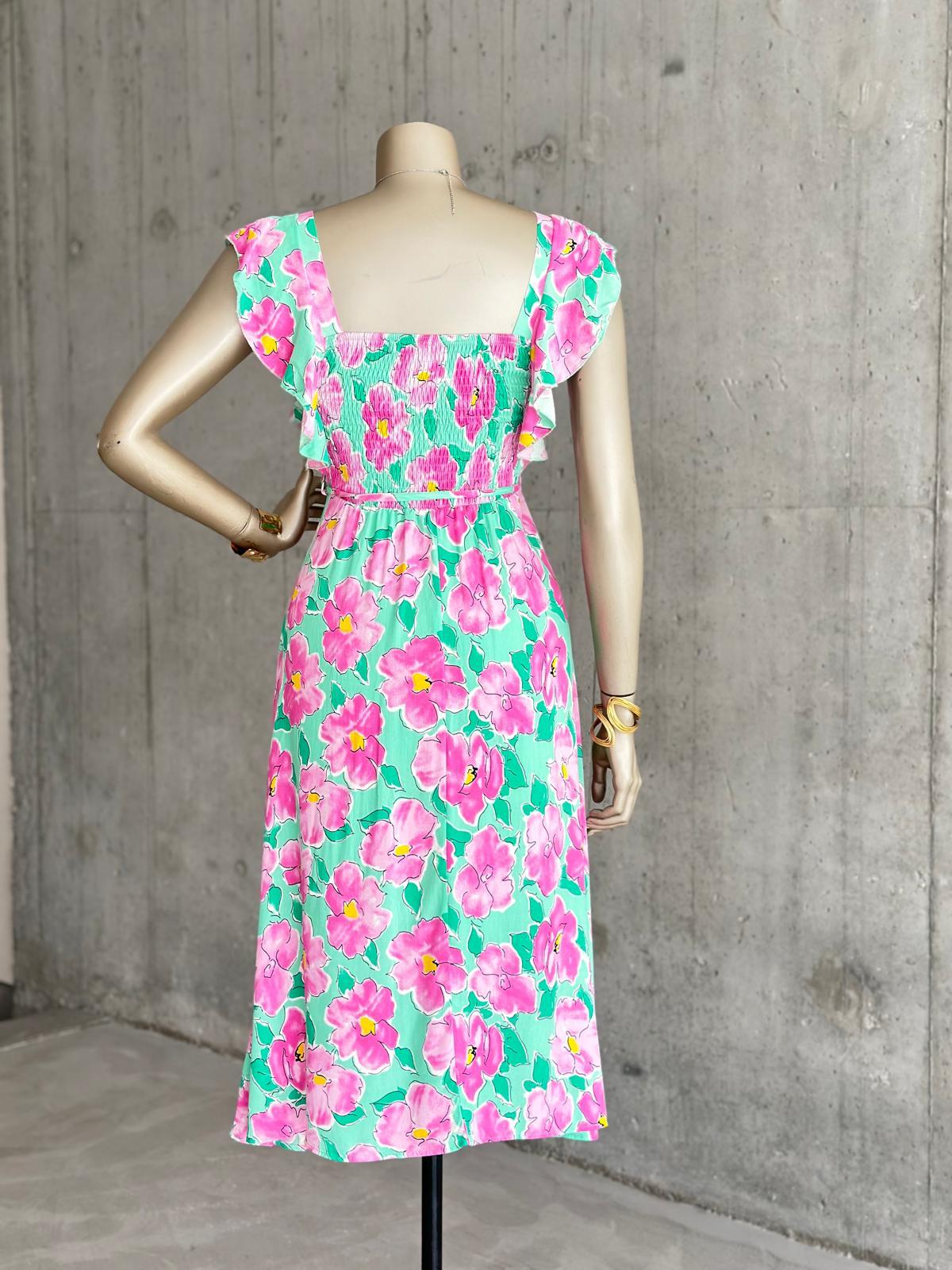 Kolları Fırfırlı Beli Kuşaklı Çiçekli Elbise (Yeşil)